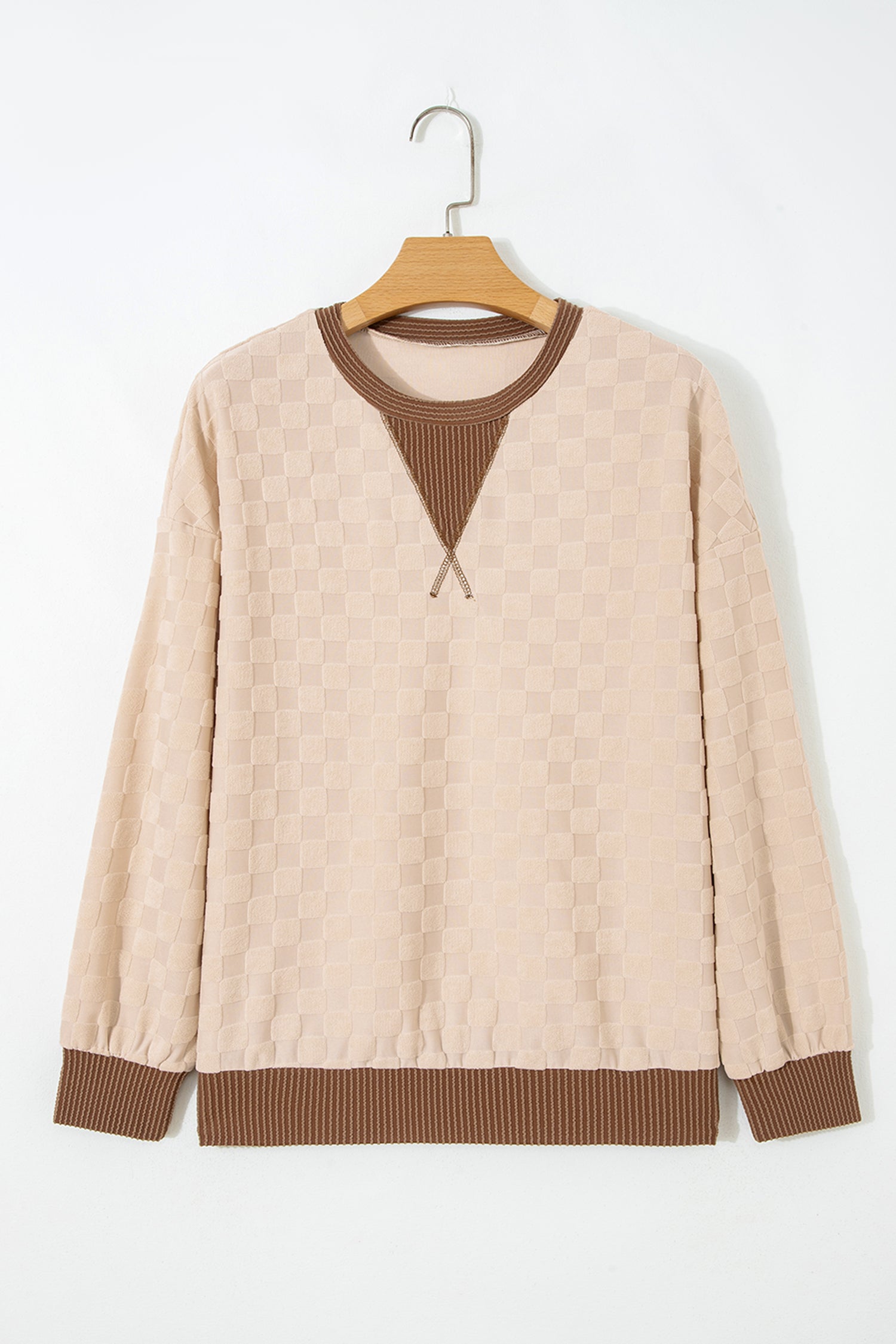 Parchment Plush Checkered Contrast Twisted Rib Long Sleeve Top
