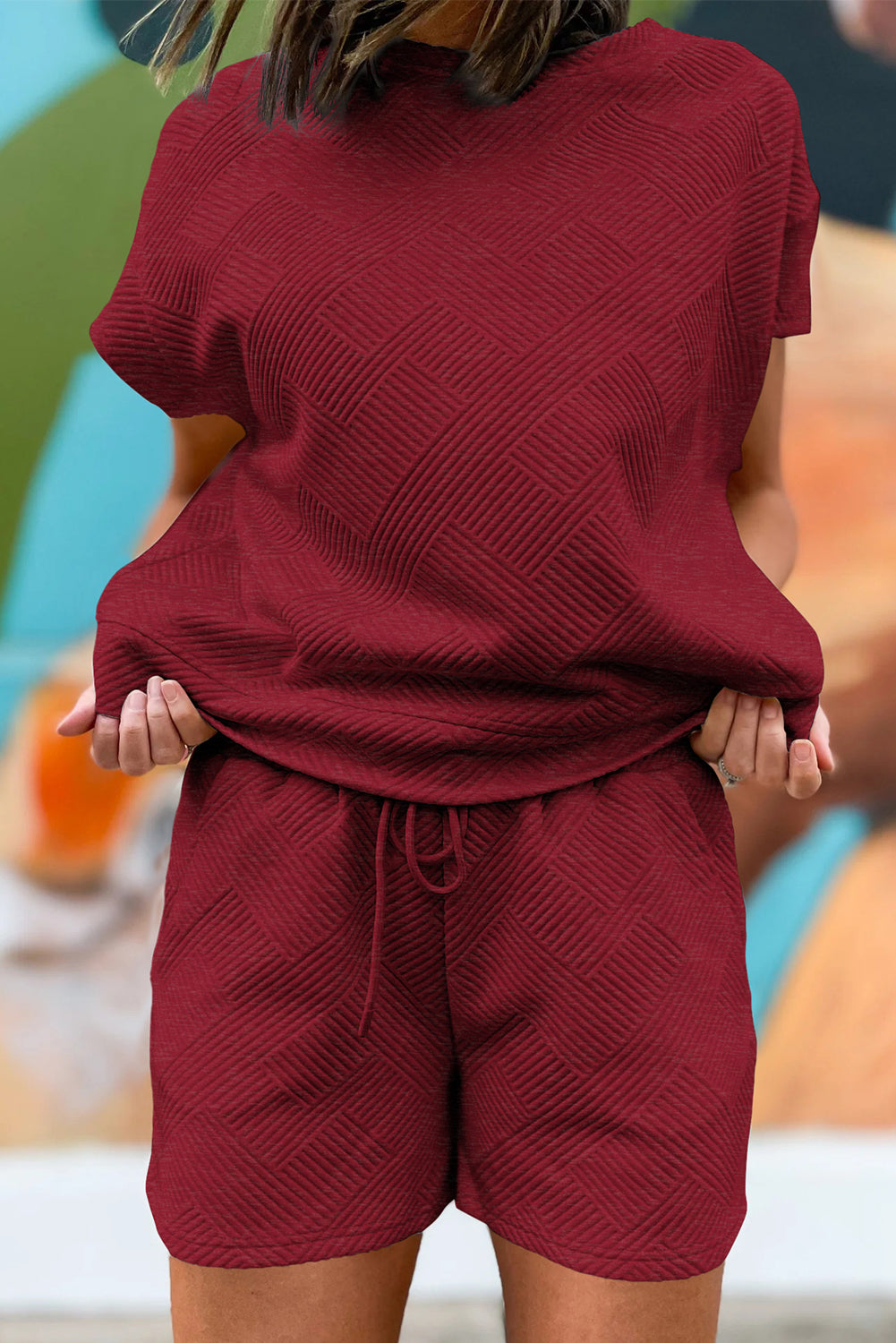 Red Dahlia Textured Short Sleeve Top and Shorts Set