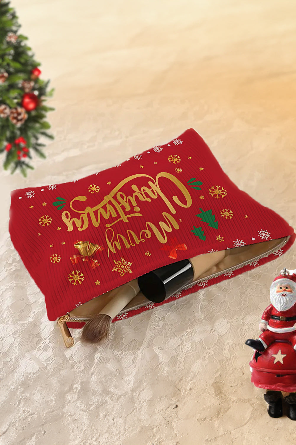 Fiery Red Christmas Fashion Print Corduroy Zip Up Cosmetic Bag