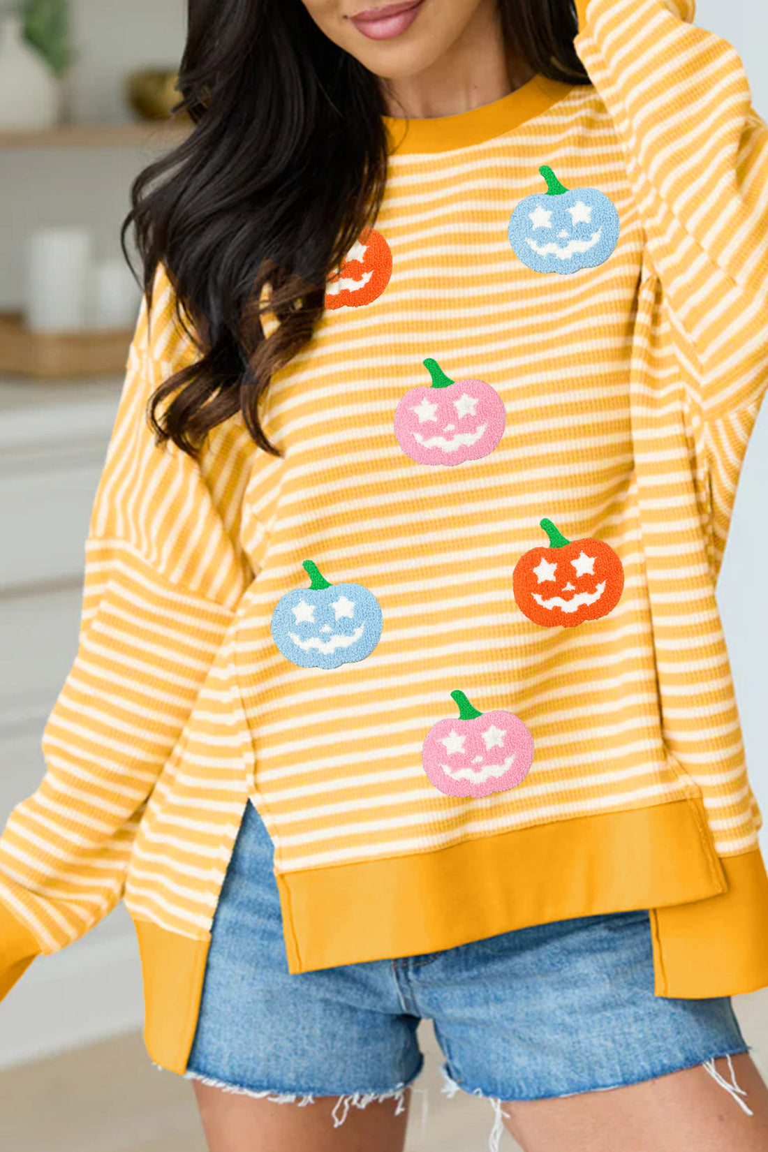 Khaki Stripe Halloween Pumpkin Face Waffle Knit Pullover Loose Top with Slits
