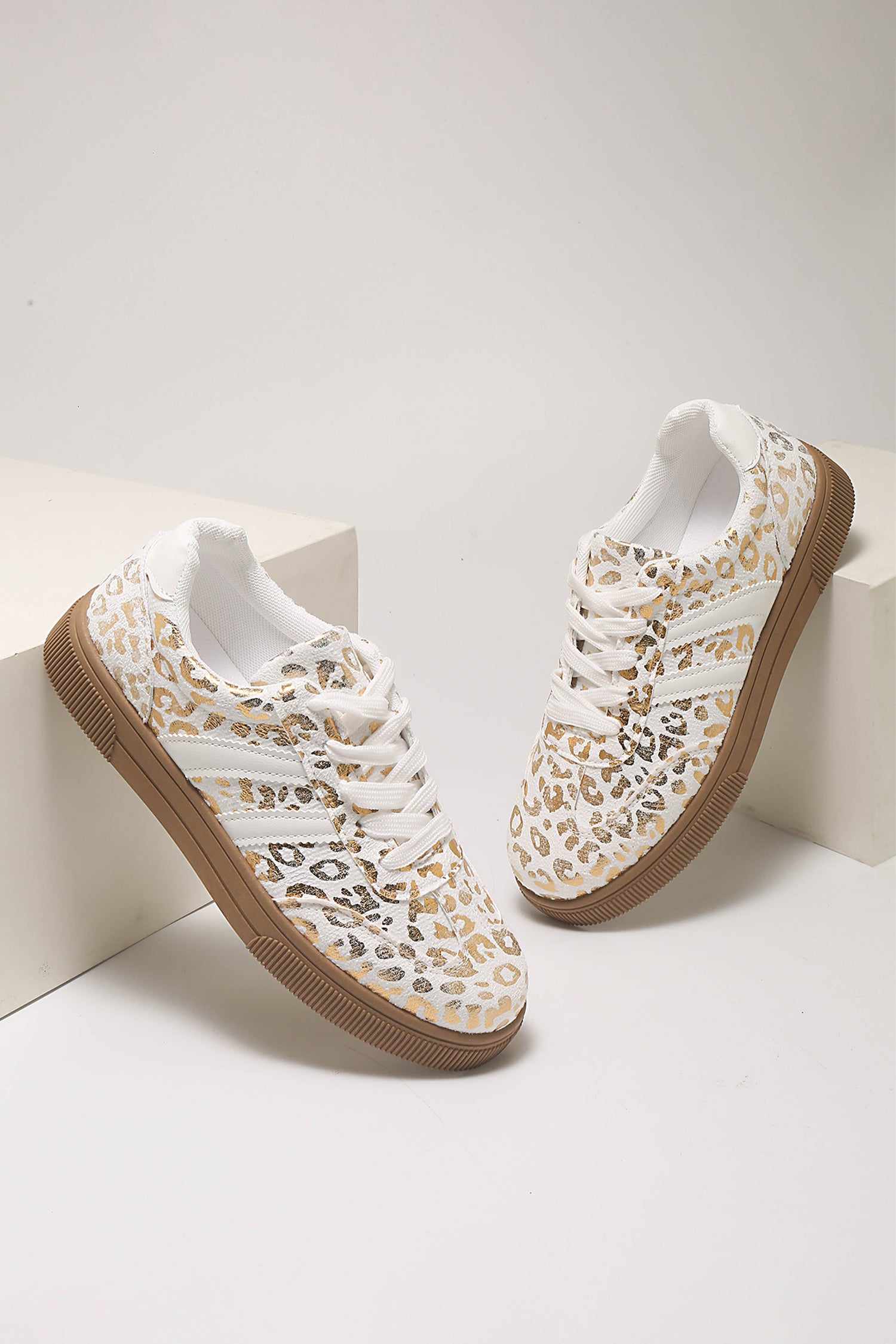 Gold Metallic Leopard Print Lace Up Flat Shoes