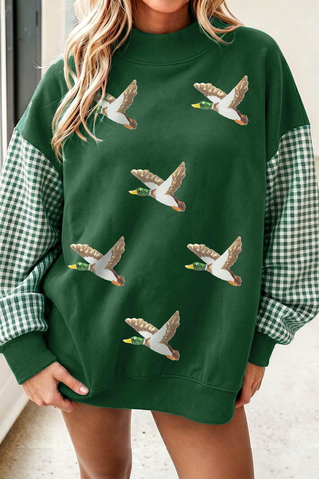 Evergreen Sequin Mallard Graphic Plaid Contrast Sleeve Pullover Sweatshirt