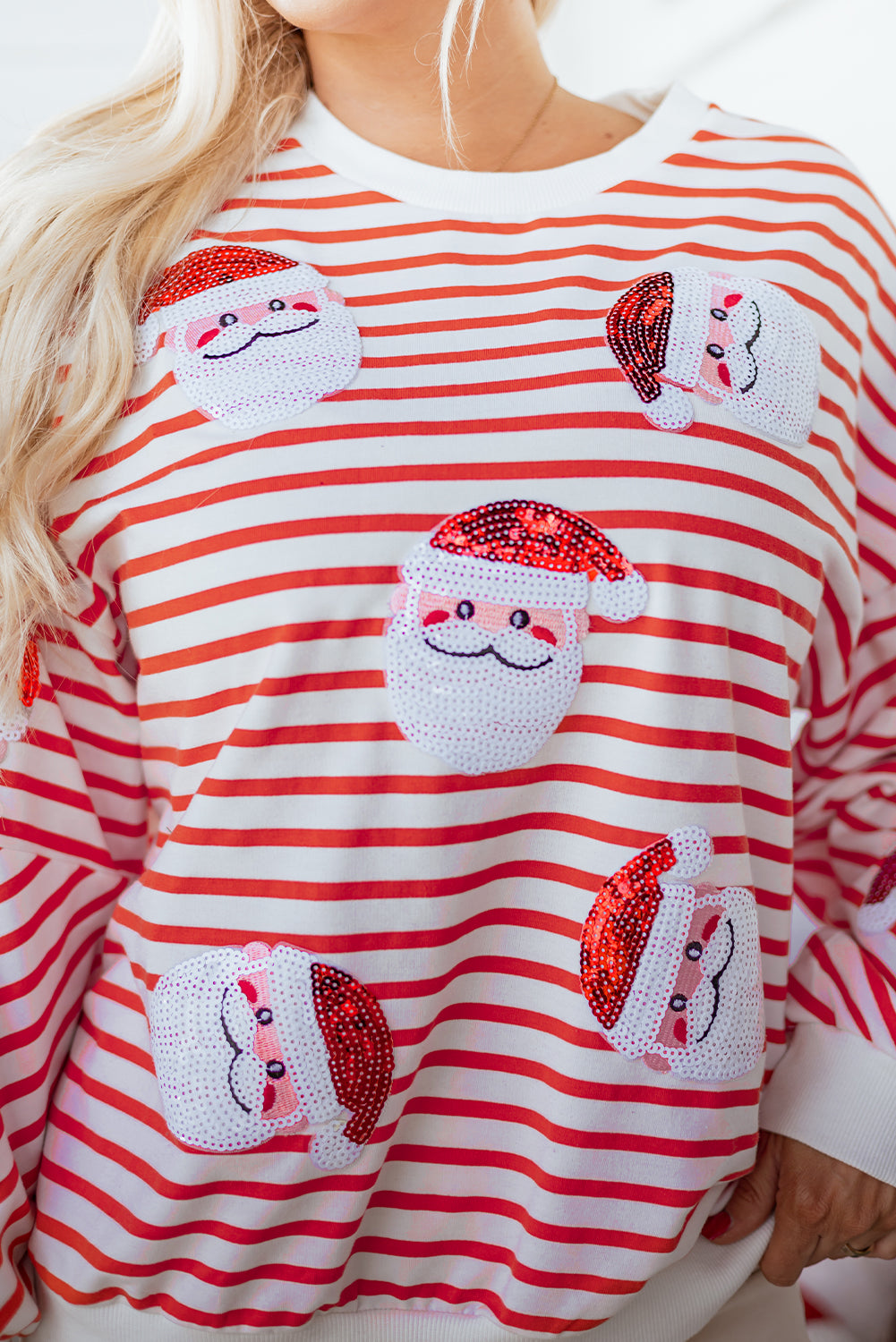 Orange Stripe Sequin Santa Claus Pattern Christmas Pullover Sweatshirt
