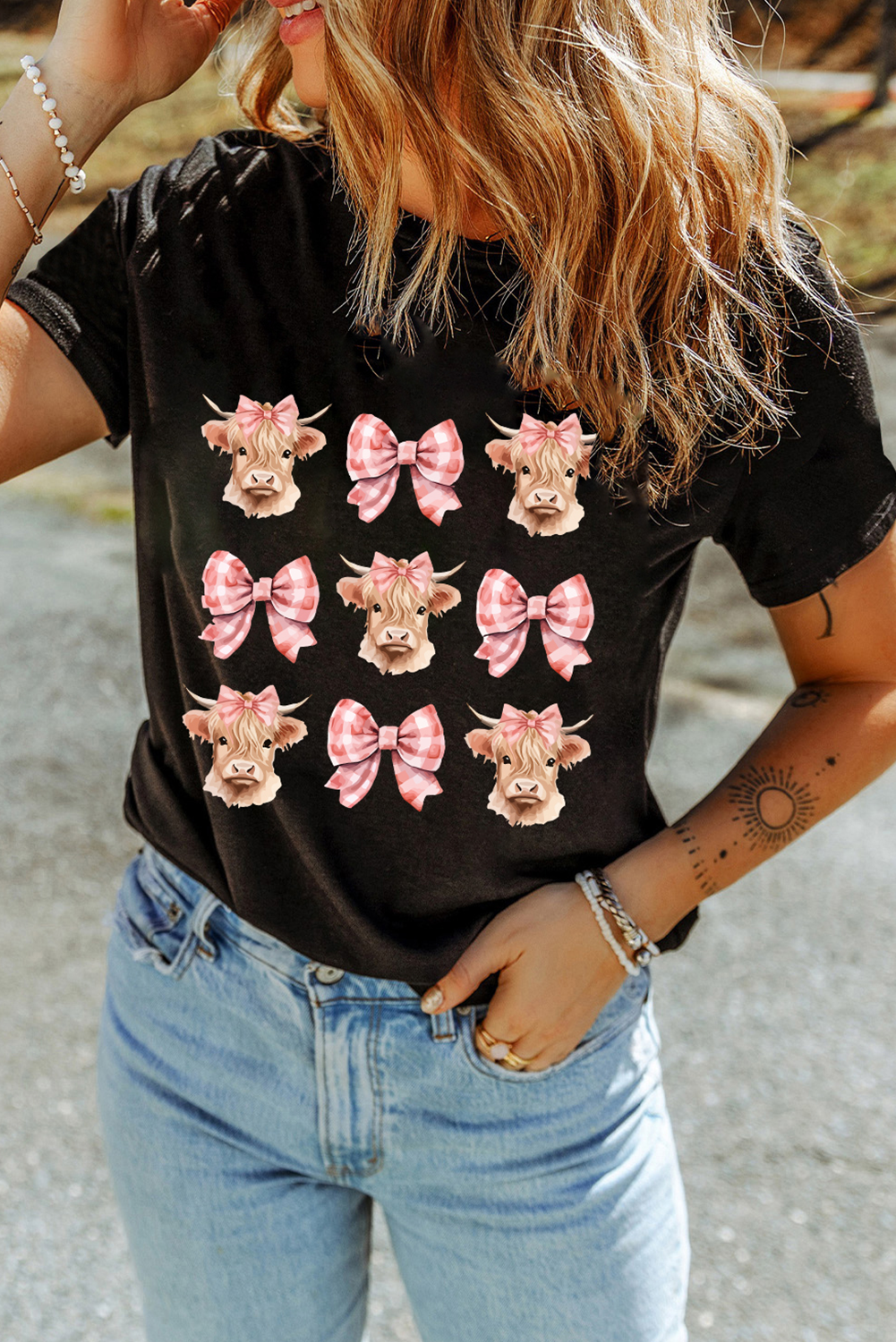 Black Cow with Bow Graphic Crewneck Western Tee
