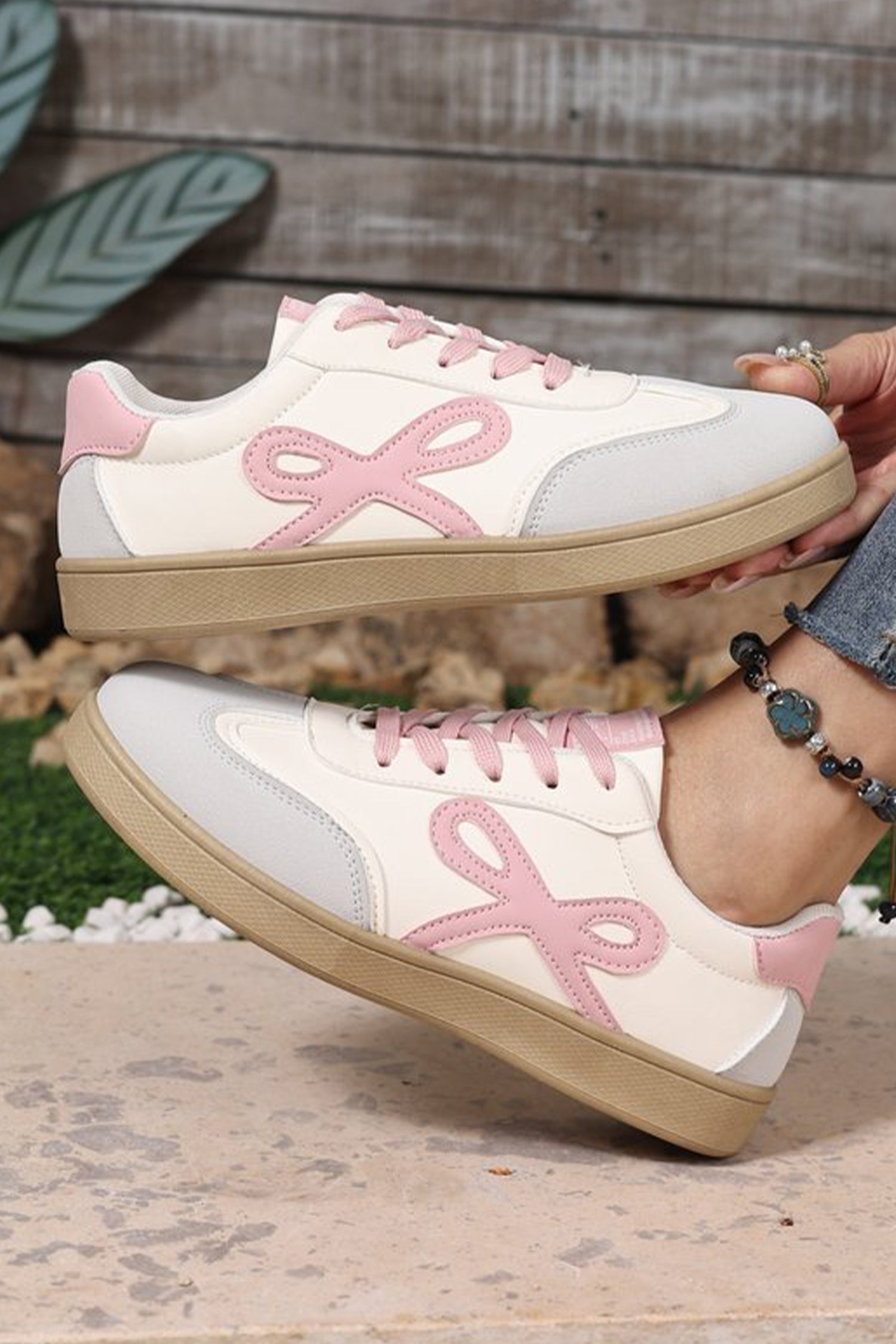 Pink Cute Bow Patch Color Block PU Leather Sneakers