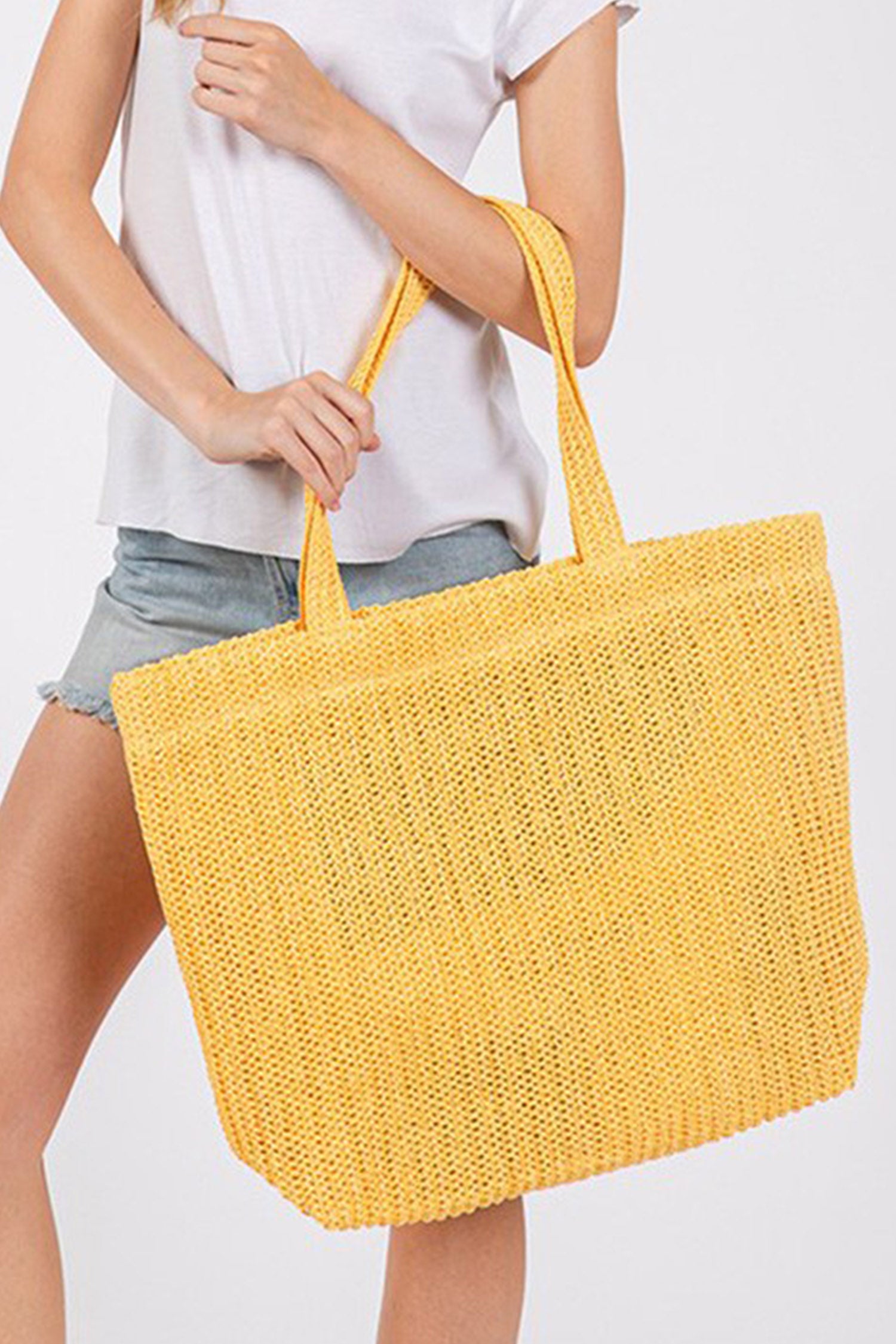 Ginger Solid Color Straw Woven Summer Beach Tote Bag