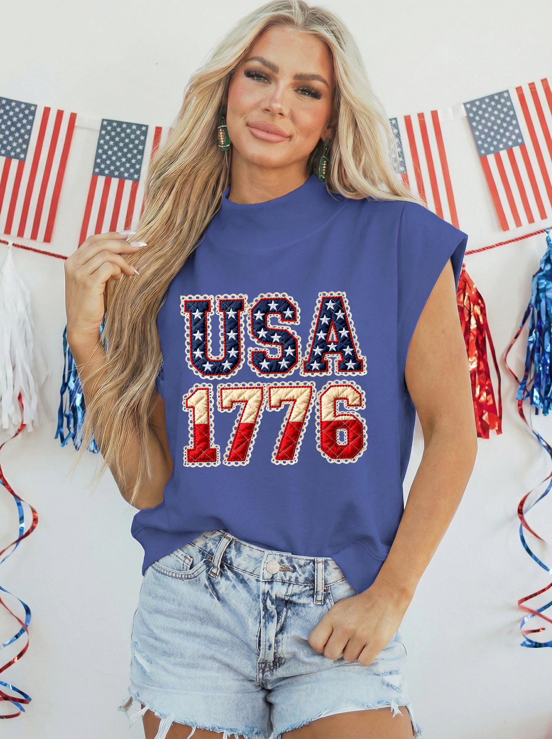 Sky Blue Patriotic USA 1776 Graphic Muscle Tee with Vintage Flag Print