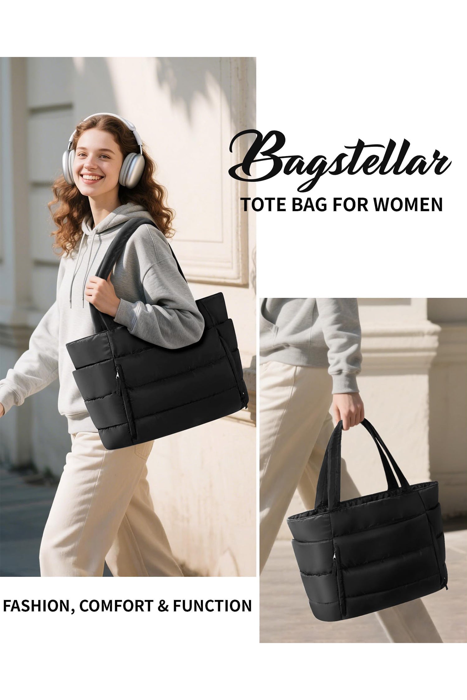 Color black Solid Color Puffy Quilted Large Tote Bag