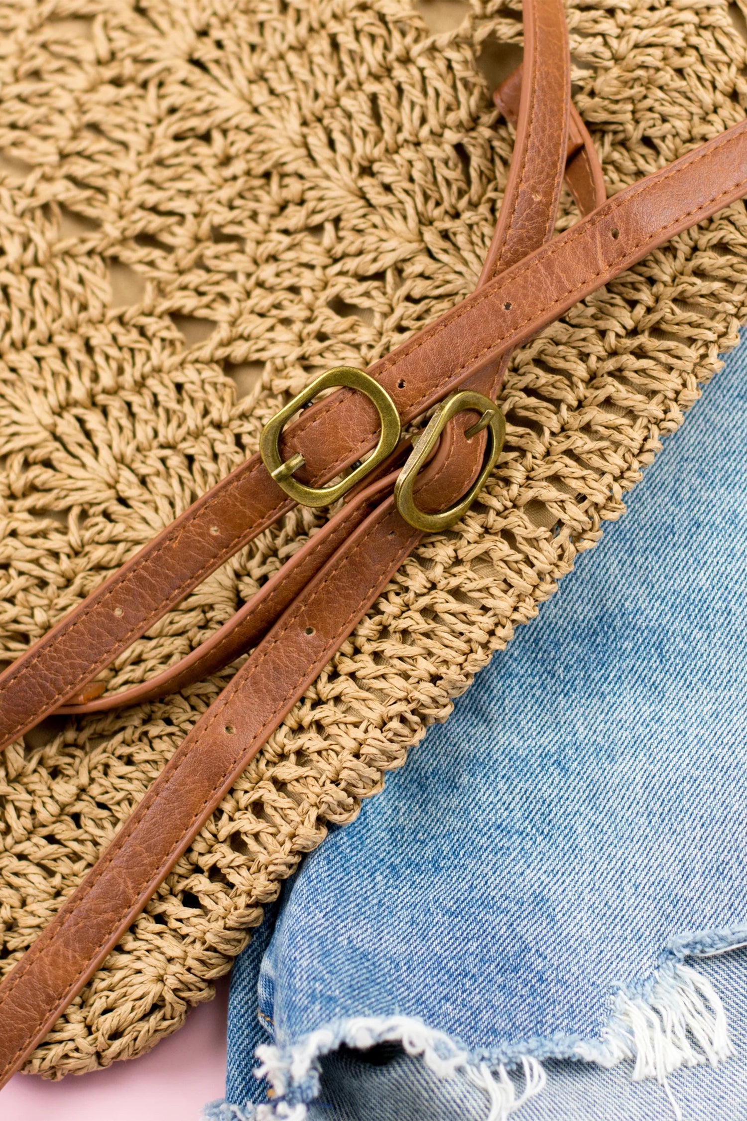 Thai Curry Retro Straw Woven PU Leather Straps Casual Backpack