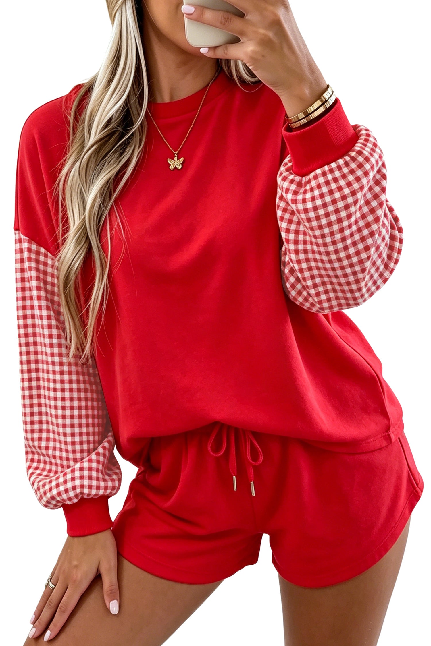 Red Plaid Patchwork Long Sleeve Top Solid Drawstring Shorts Set