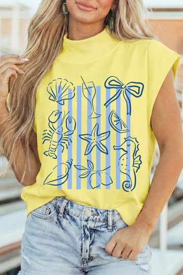Yellow Seashell Coquette Striped Print High Neck Top
