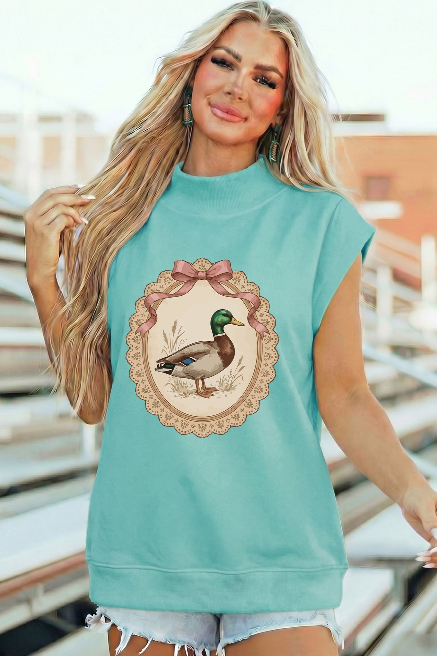 Mint Green Retro Duck Print High Neck Short Sleeve Tunic Top
