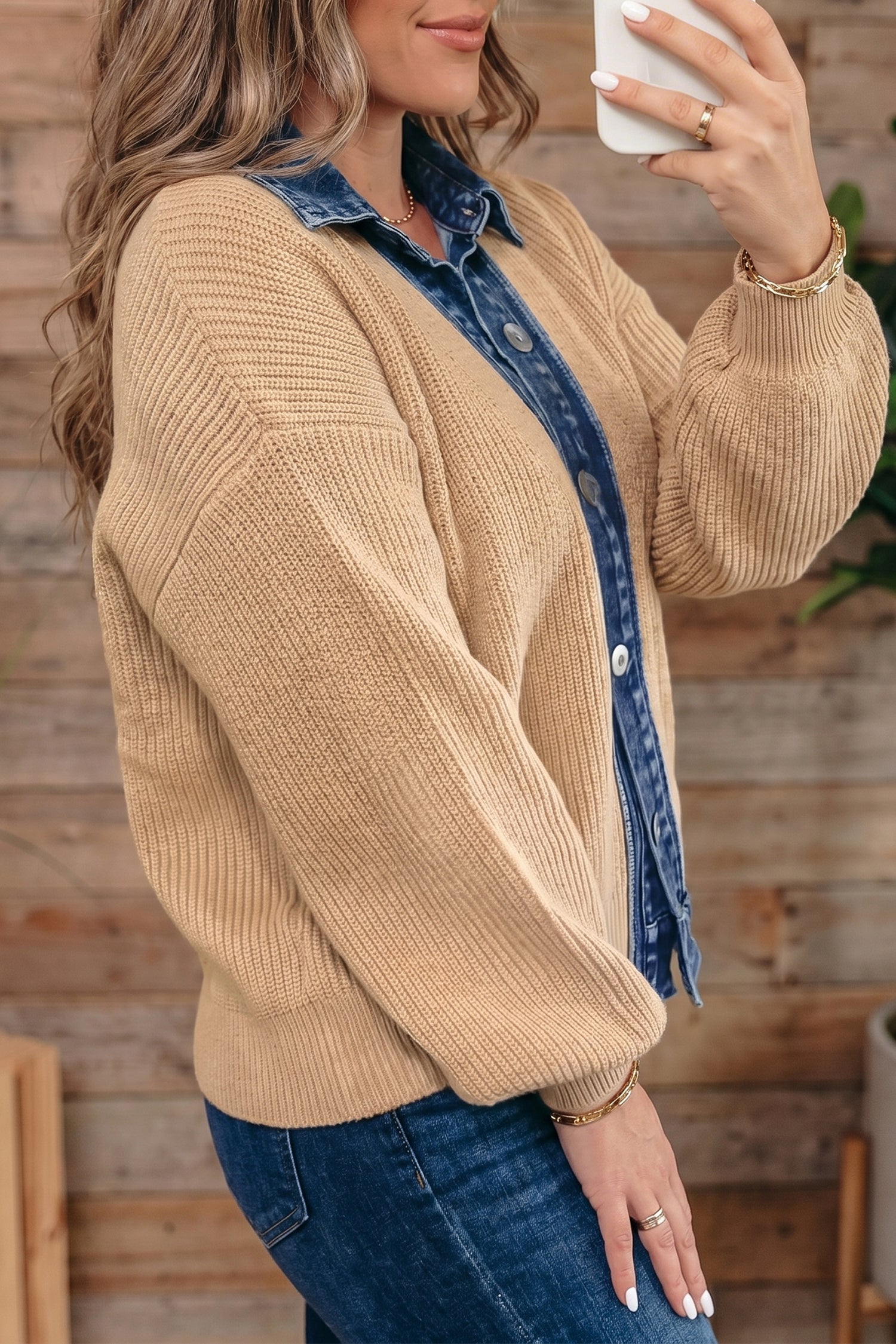 Parchment Drop Shoulder Placket Paneling Shirt Collar Long Sleeve Cardigan