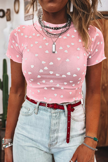 Pink Allover Heart Print Mesh Short Sleeve Top