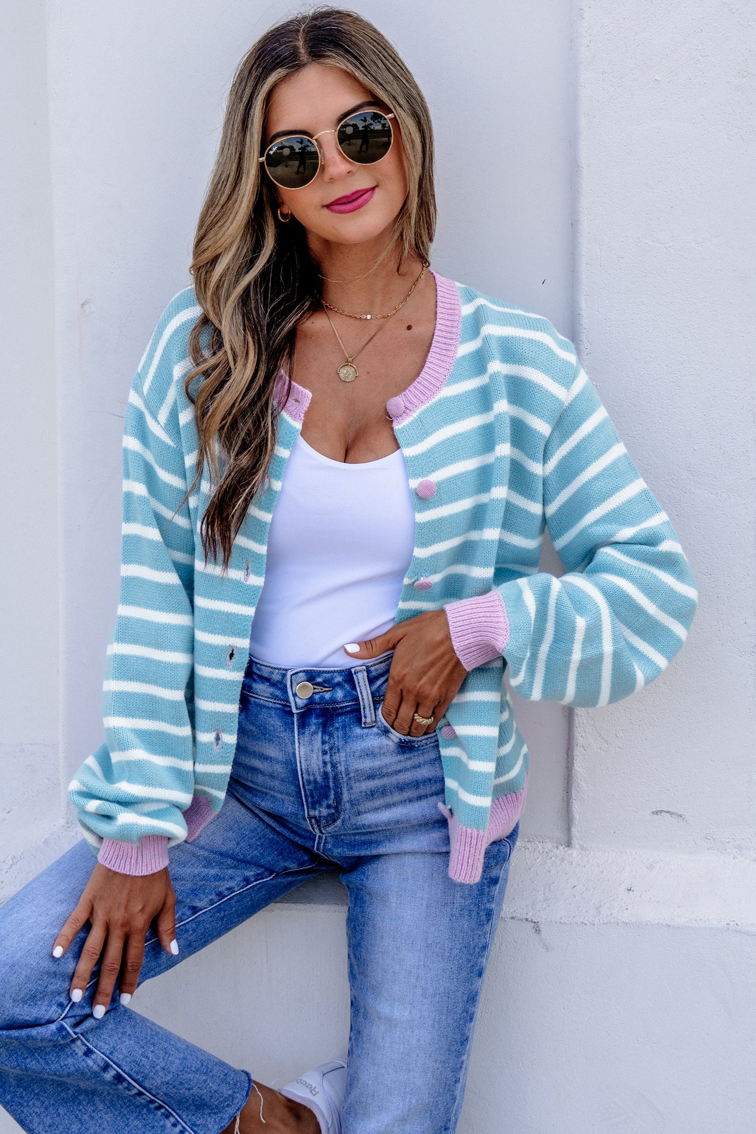 Sky Blue Stripe Striped Long Sleeve Round Neck Open Front Cardigan
