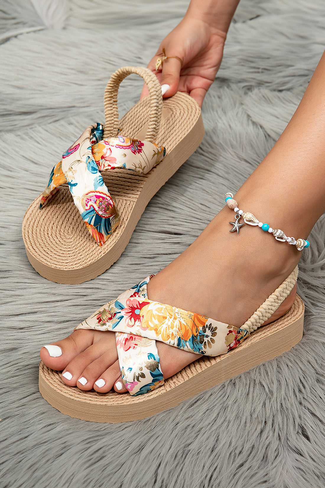 Parchment Floral Crossed Band Straw Woven Platform Sandals