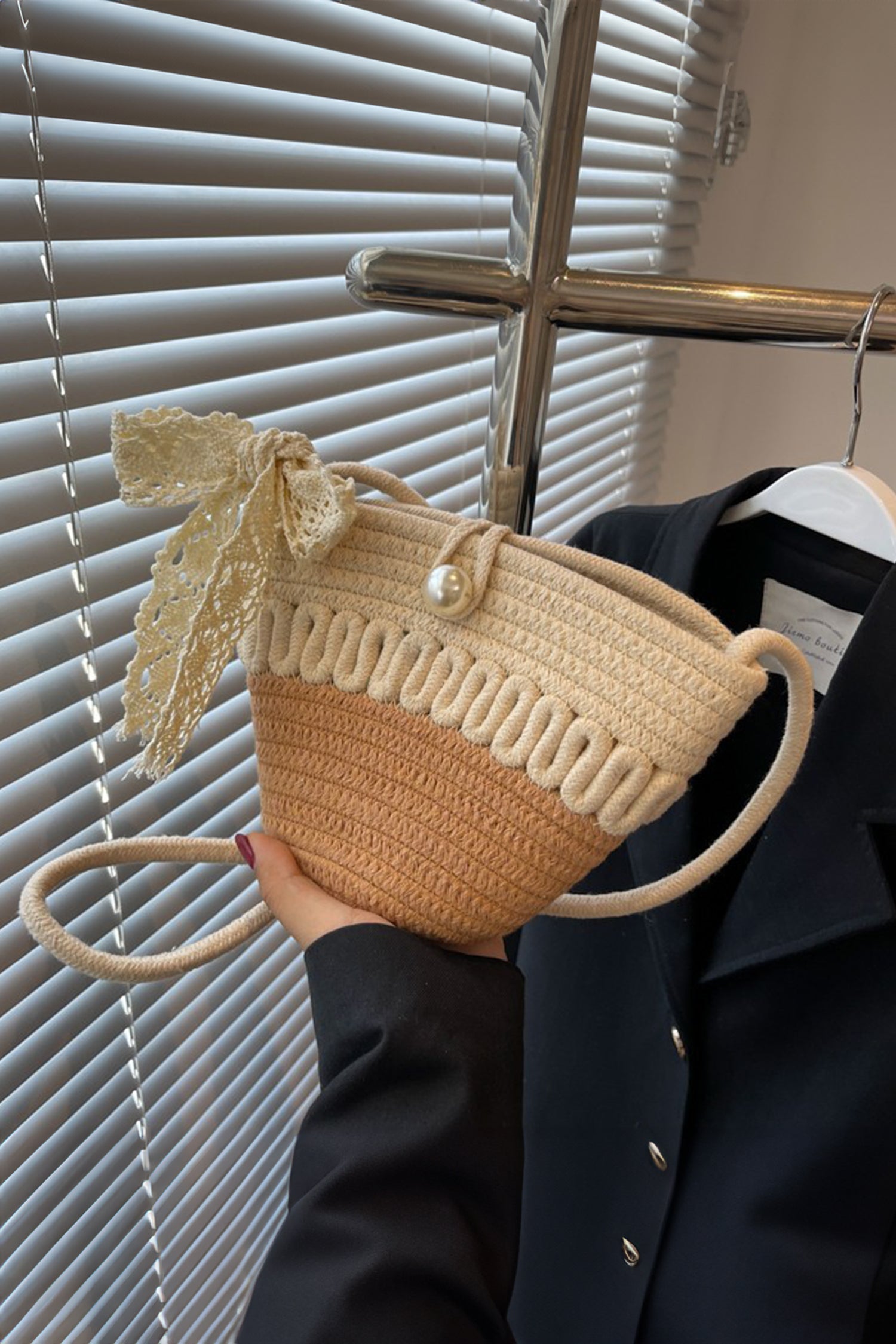 Light French Beige Crochet Bucket Bag with Lace Bow and Pearl Detail