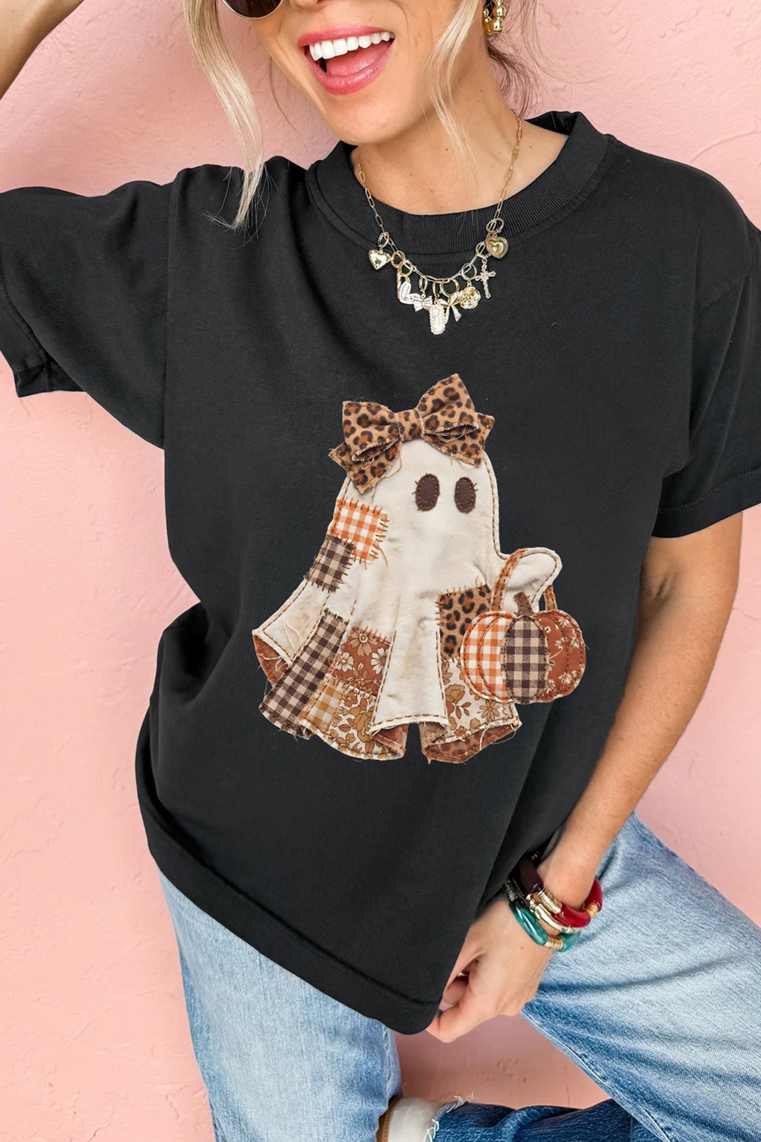 Black Halloween Ghost Appliqué Graphic T-Shirt
