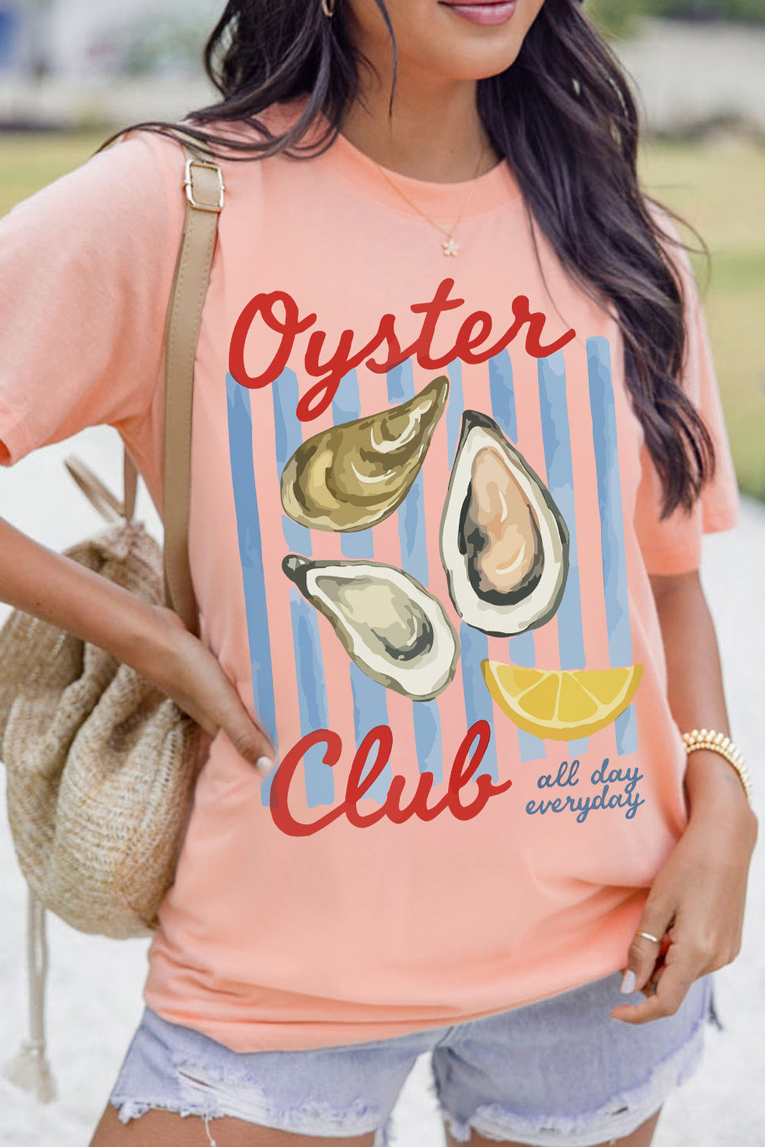 Pink Oyster Club Striped Print Casual Tee