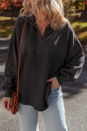 Carbon Grey Waffle Knit Patchwork Half Zipped Casual Sweatshirt