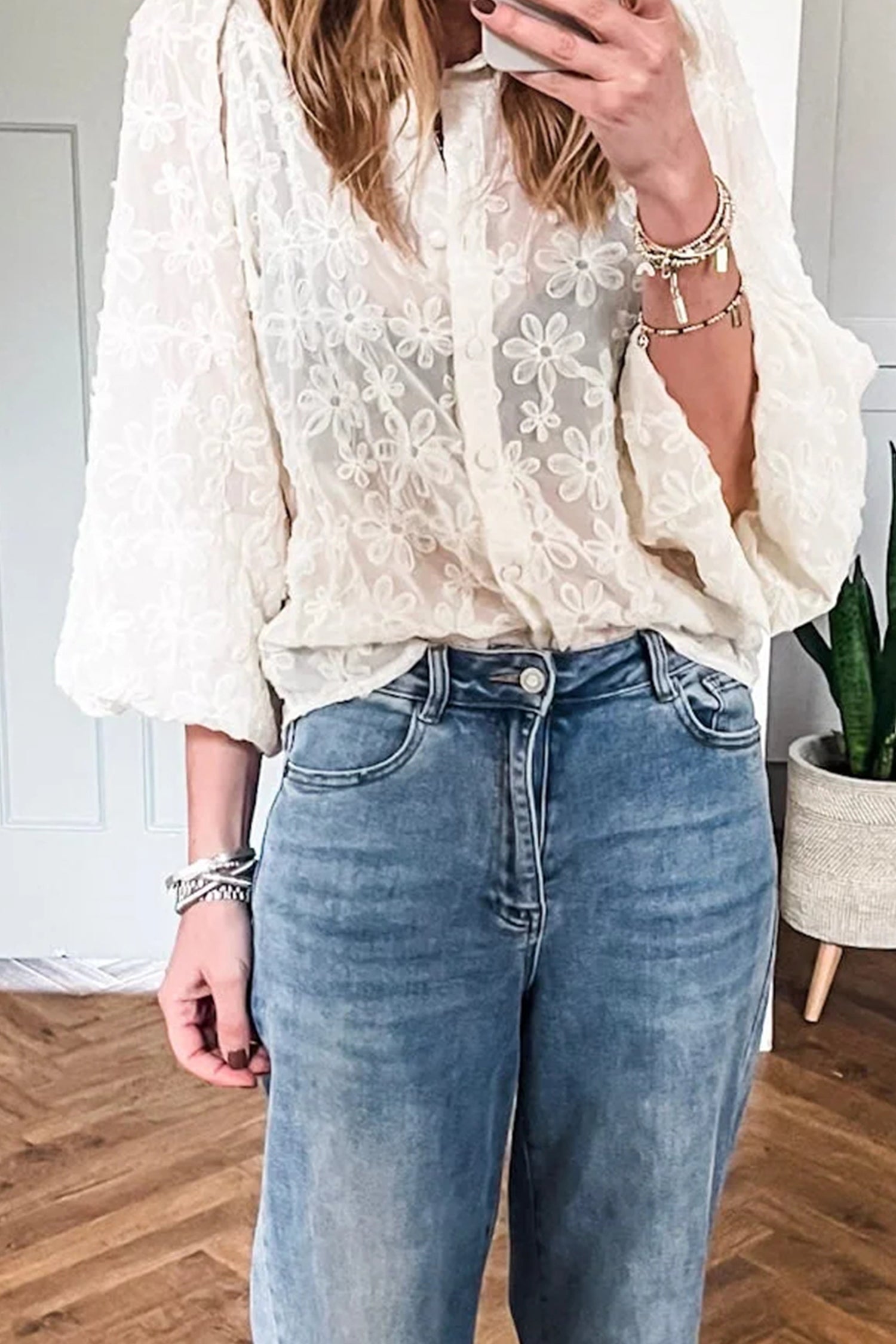 Beige Sheer Jacquard Floral Button-Down Long Sleeve Shirt