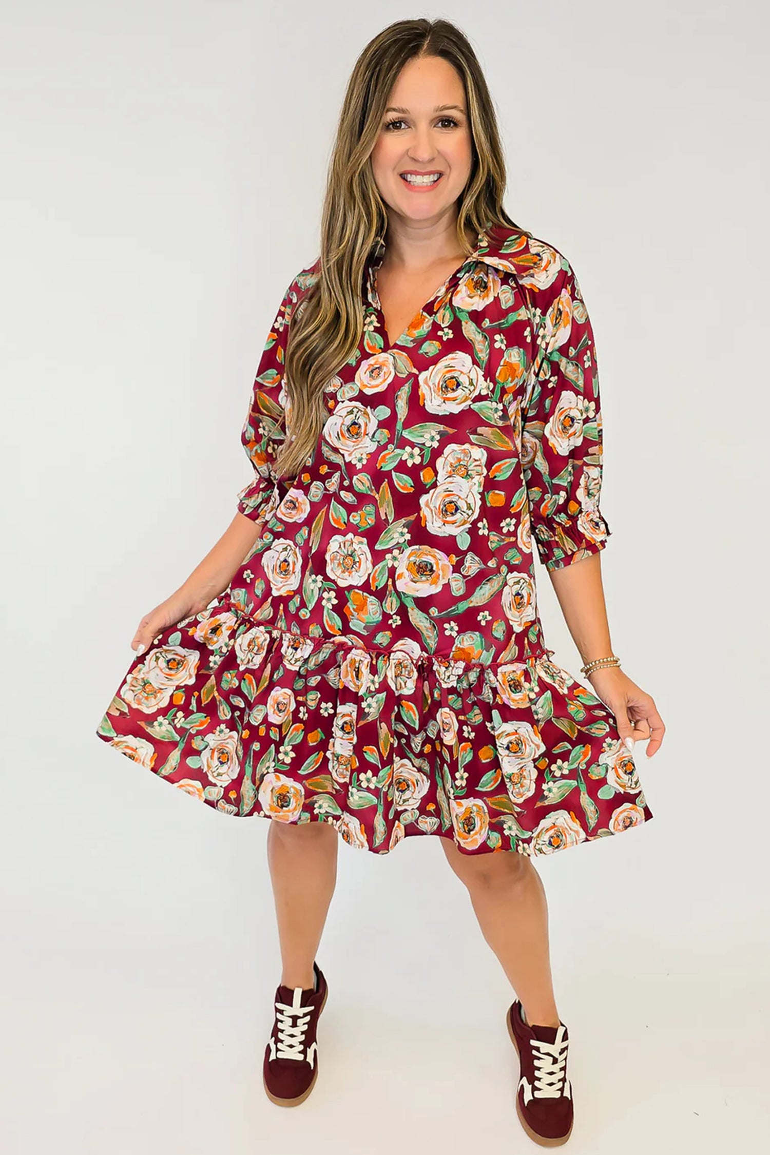 Red Floral Print Half Sleeve Short Shift Dress