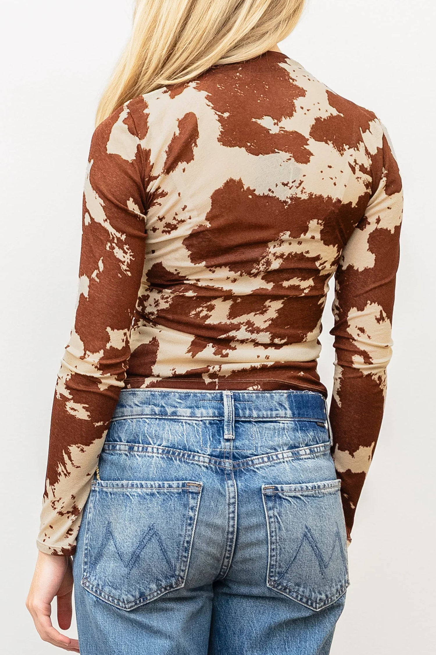 Brown Western Cow Spots Printed High Neck Sheath Long Sleeve Top
