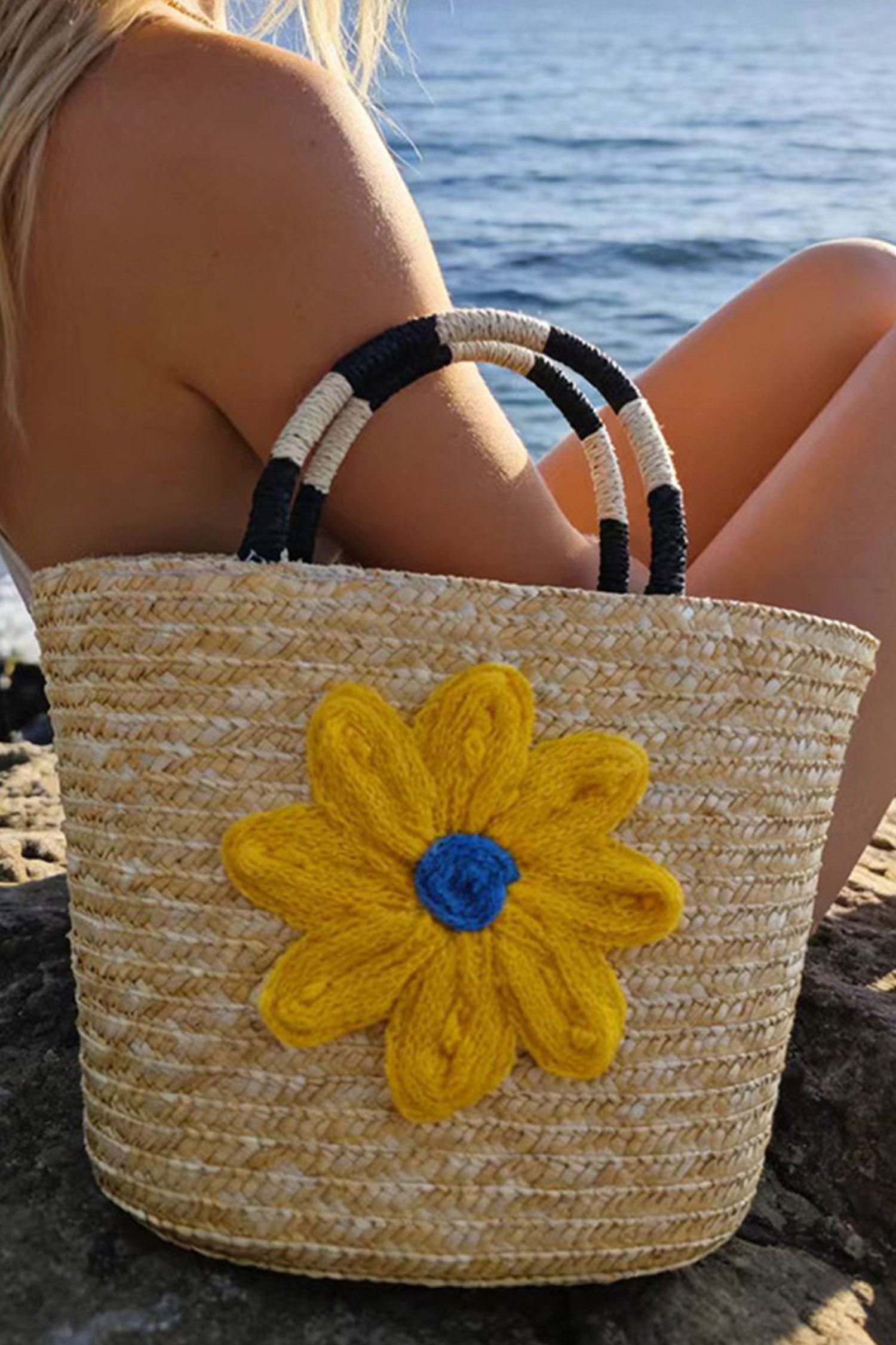 Yellow Crochet Flower Detail Boho Beach Straw Woven Handbag