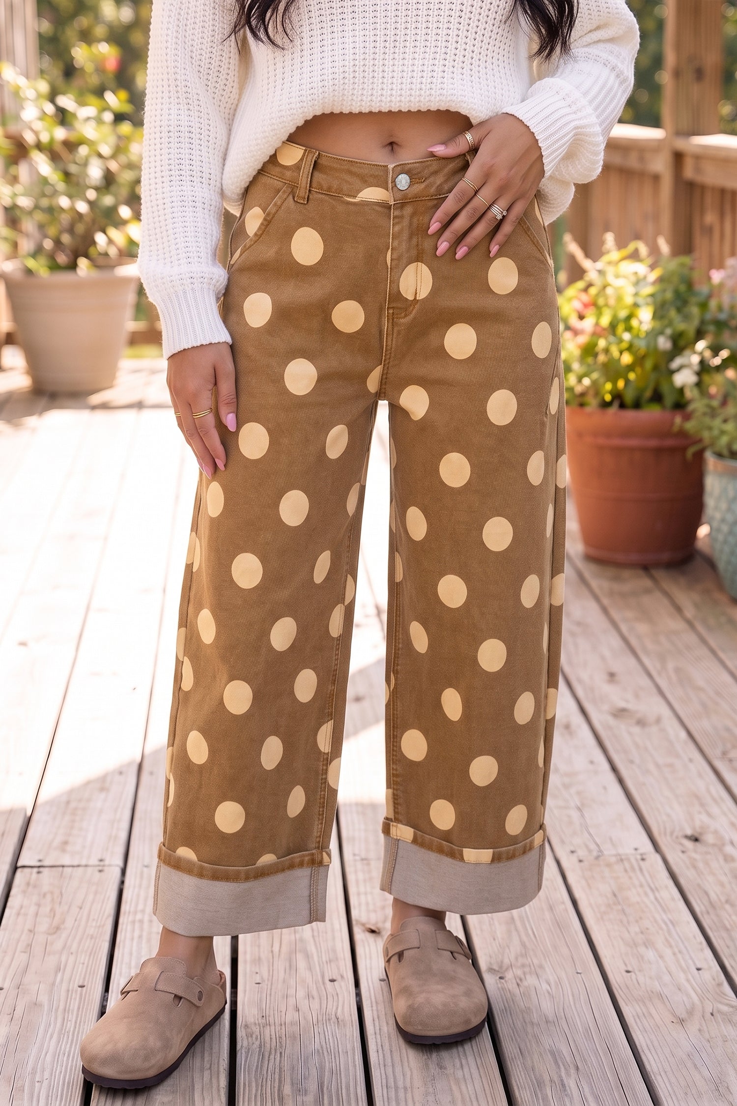 Brown Polka Dot Ankle-Length Metal Button Casual Jeans