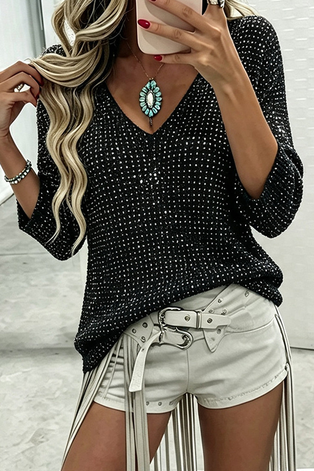 Black V Neck 3/4 Sleeve Rhinestone Embellished Casual Sweater