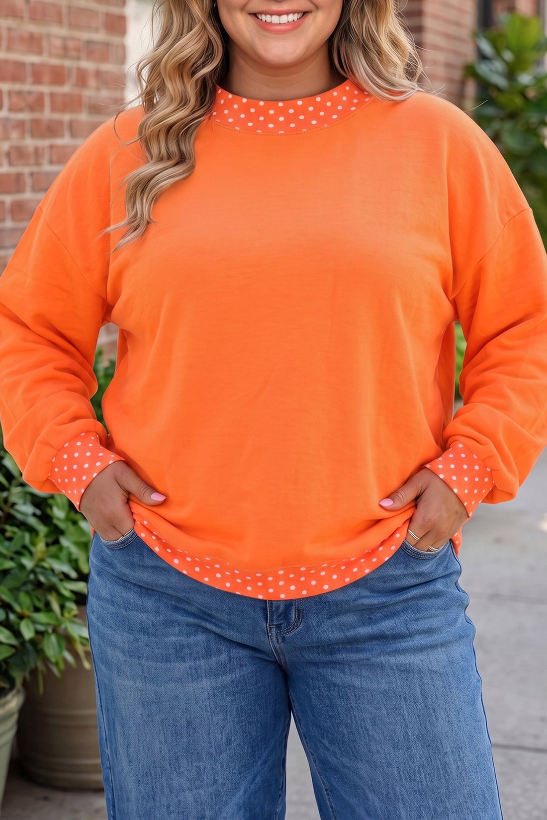 Orange Polka Dot Patchwork Round Neck Plus Size Sweatshirt