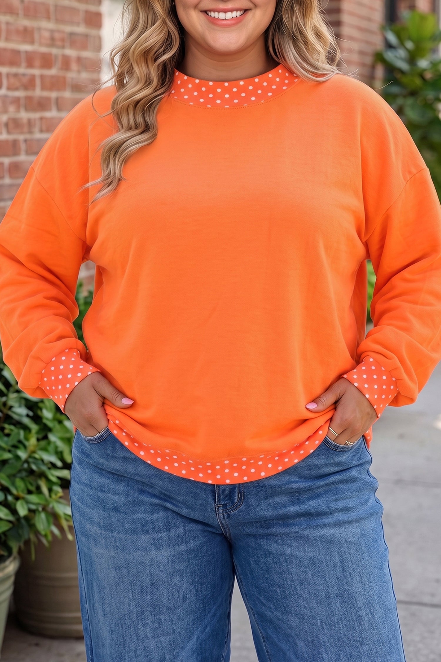 Orange Polka Dot Patchwork Round Neck Plus Size Sweatshirt