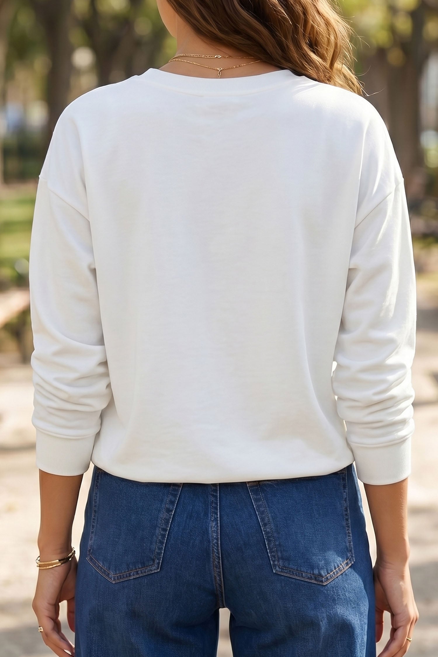 White Football Sequin Rugby Pattern Crewneck Long Sleeve Top