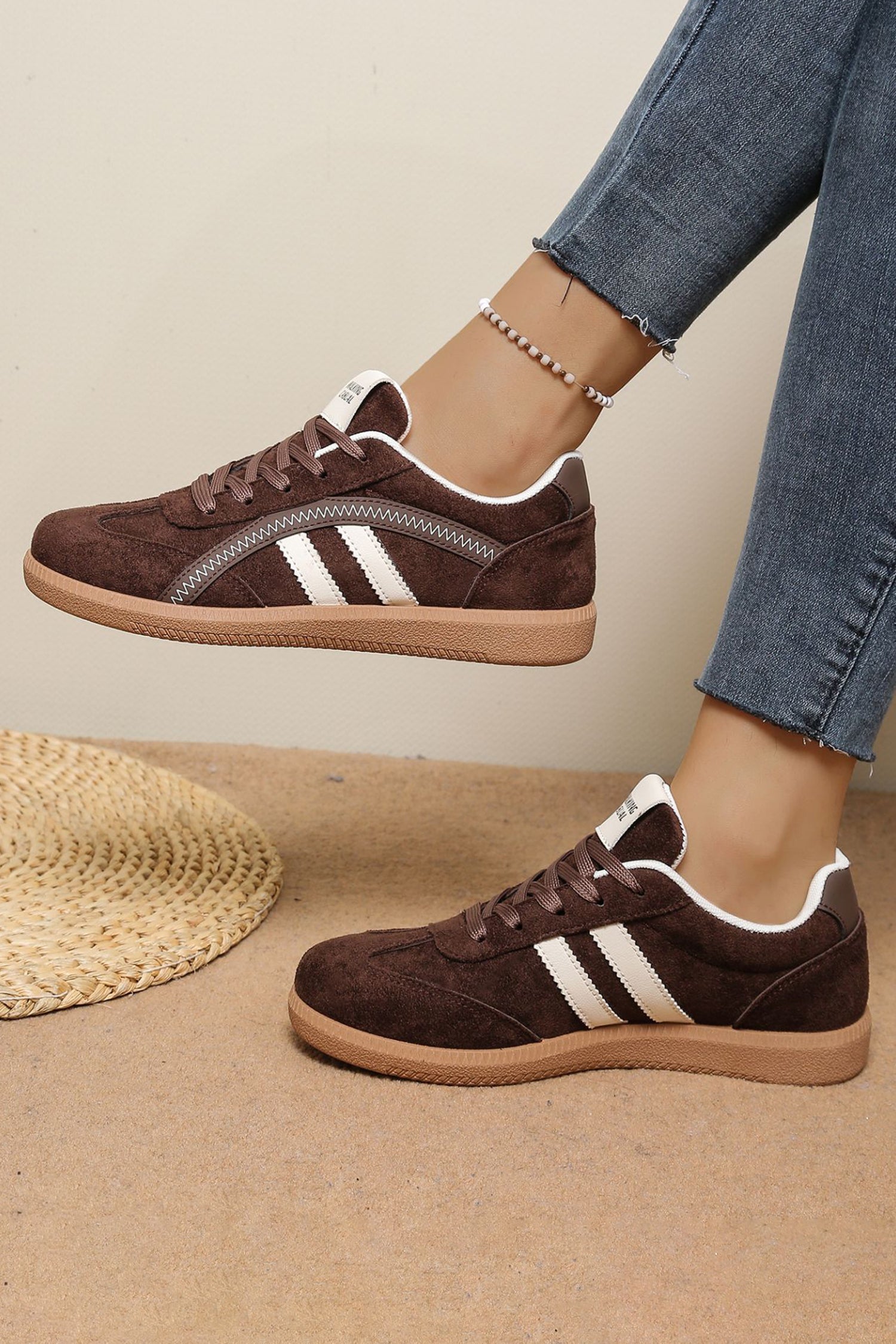 Coffee Faux Suede Lace Up Leatherette Detail Shoes