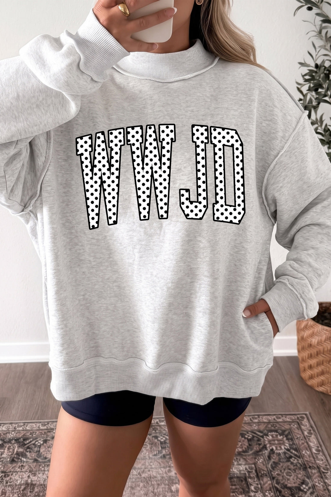 Light Grey Polka Dot WWJD Slogan Mock Neck Pullover Sweatshirt