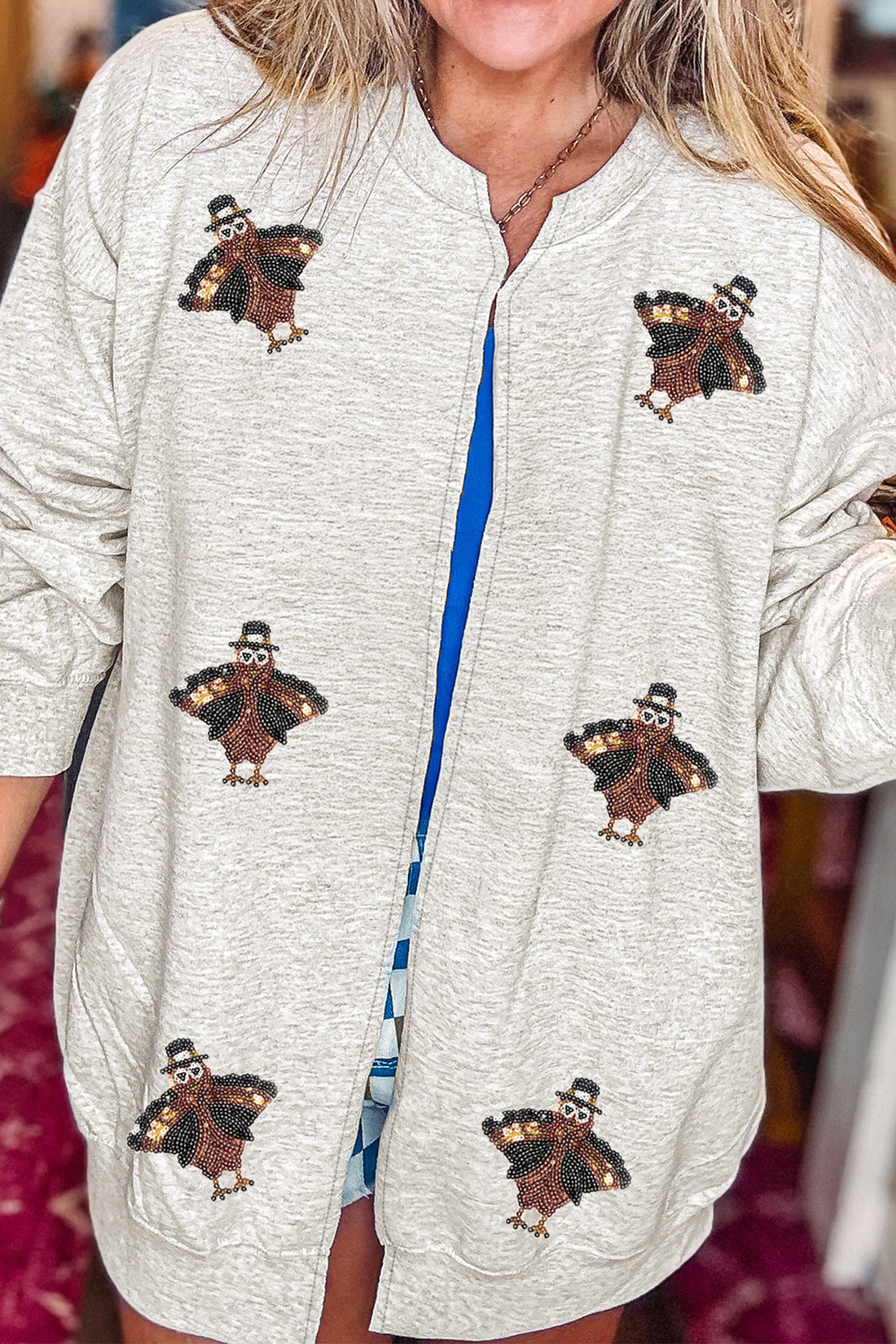 Light Grey Sequin Turkey Graphic Casual Pocketed Open Front Sweatshirt