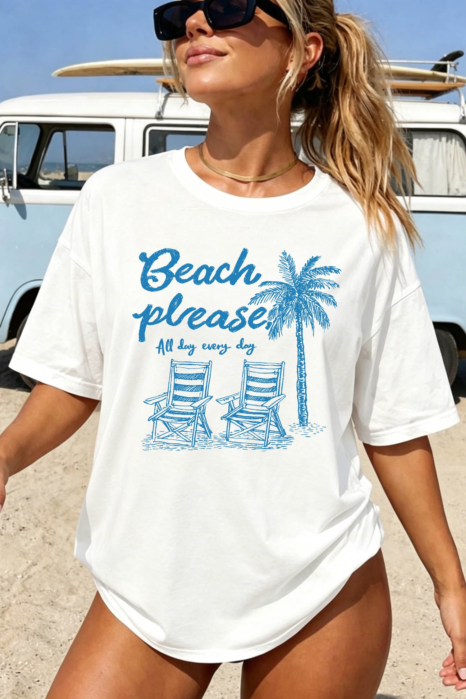 White Beach Vacation Theme Printed Loose Tee
