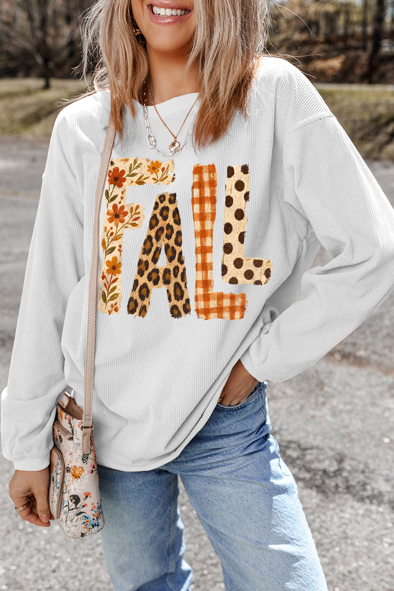 White Fall Letter Pattern Graphic Customized Corded Sweatshirt