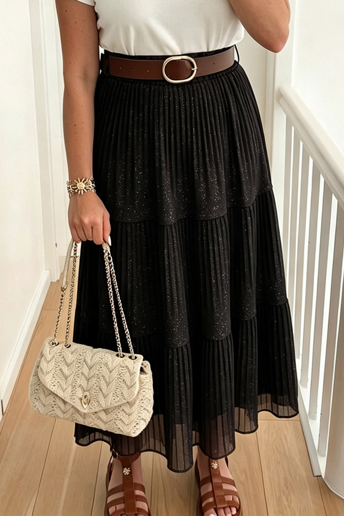 Black Solid Color Shimmer Detail Pleated Tiered Long Skirt