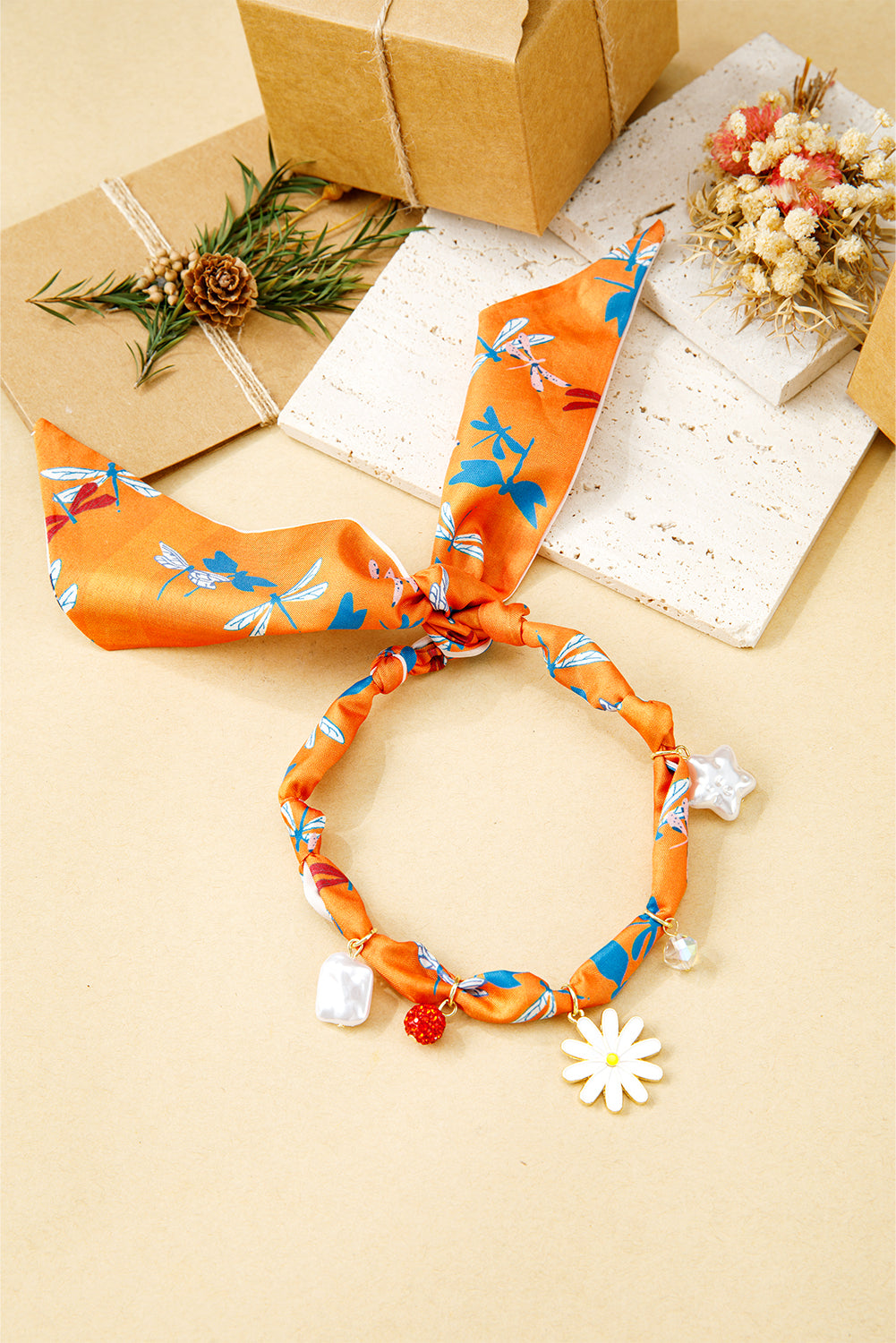 Orange Dragonfly Print Daisy Flower Pearl Crystal Decor Ribbon Necklace