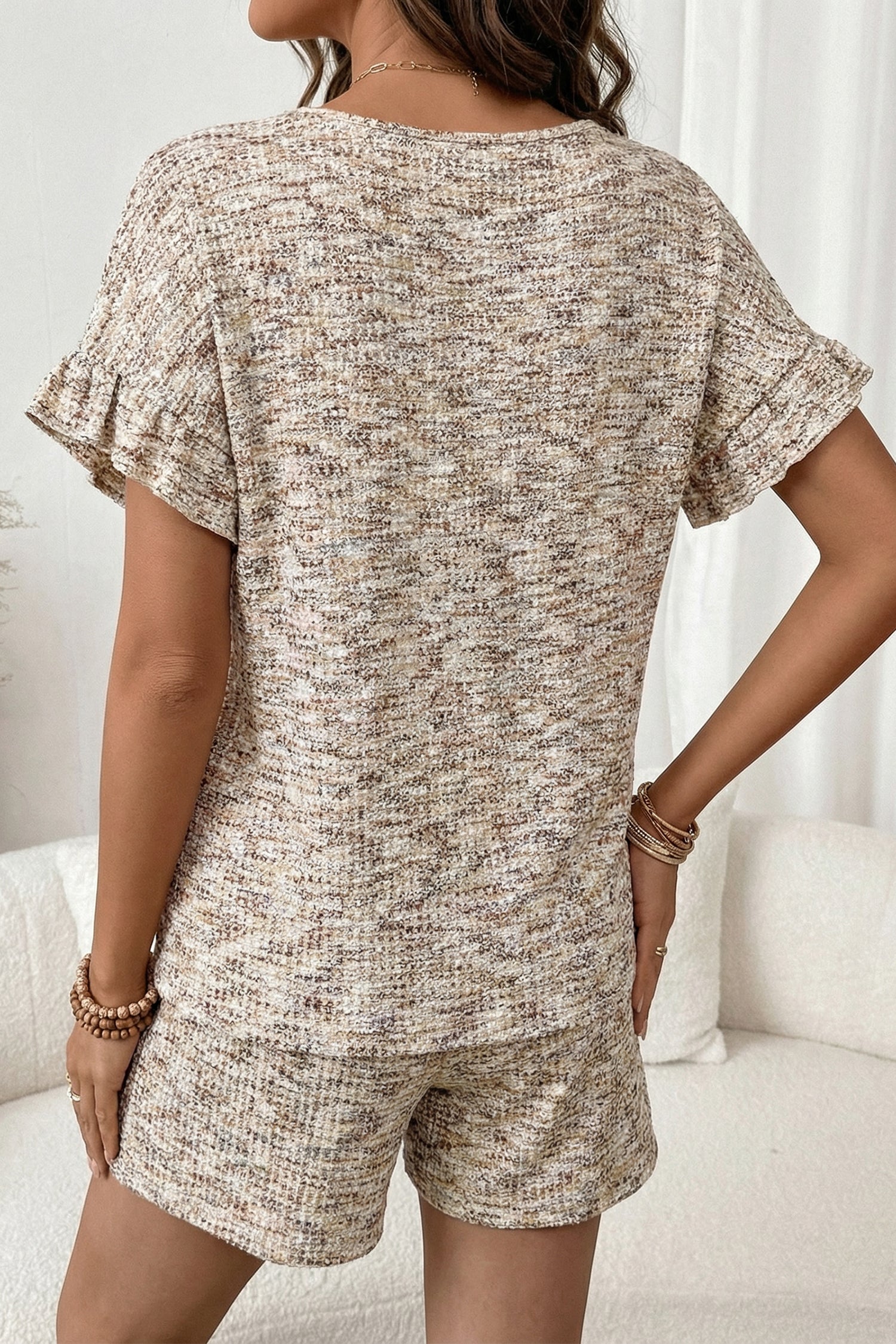 Pale Khaki Heather Textured Ruffle Sleeve Top and Drawstring Shorts Set