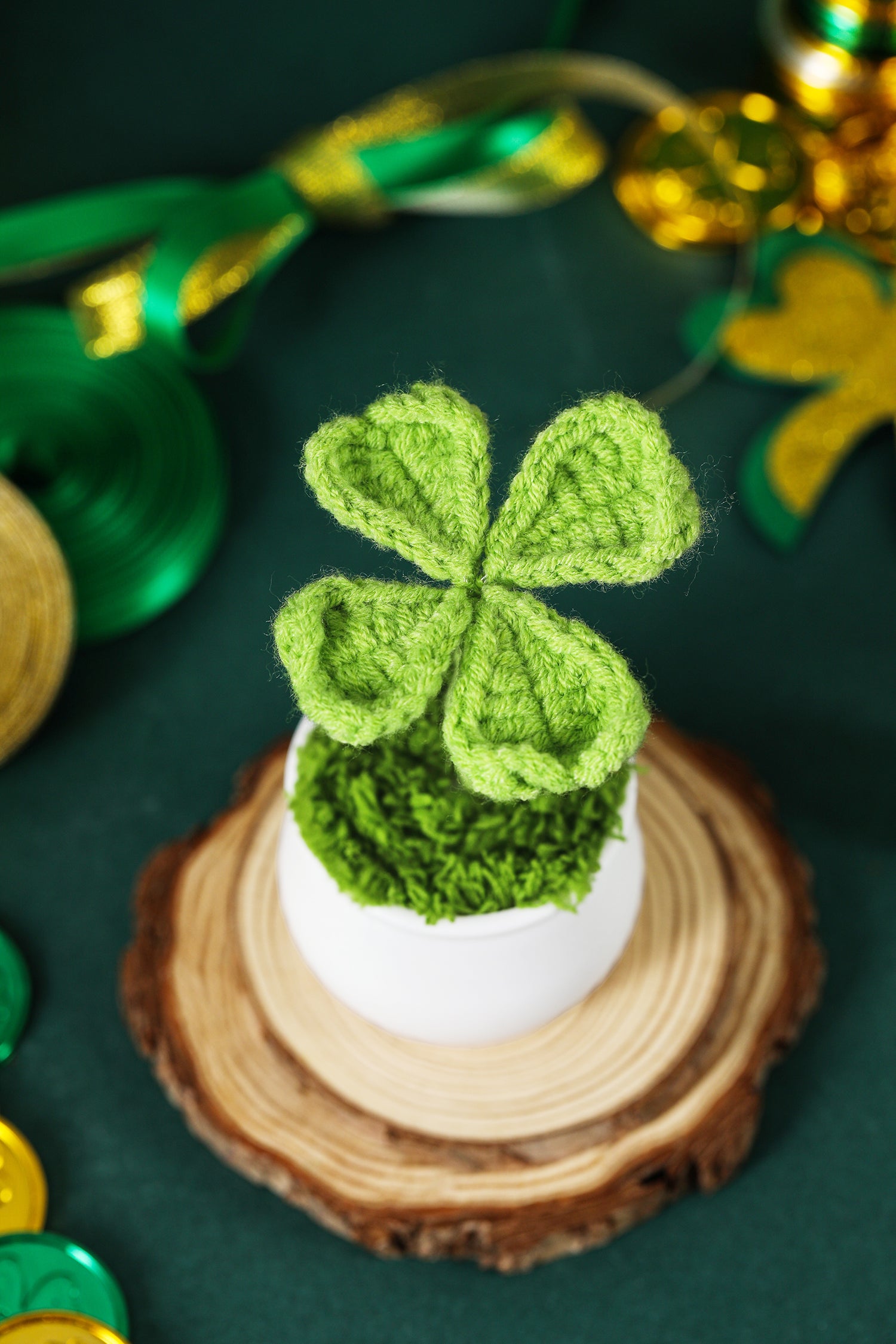 Light Green Handmade Crochet Four Leaf Clover Potted Plant Decoration
