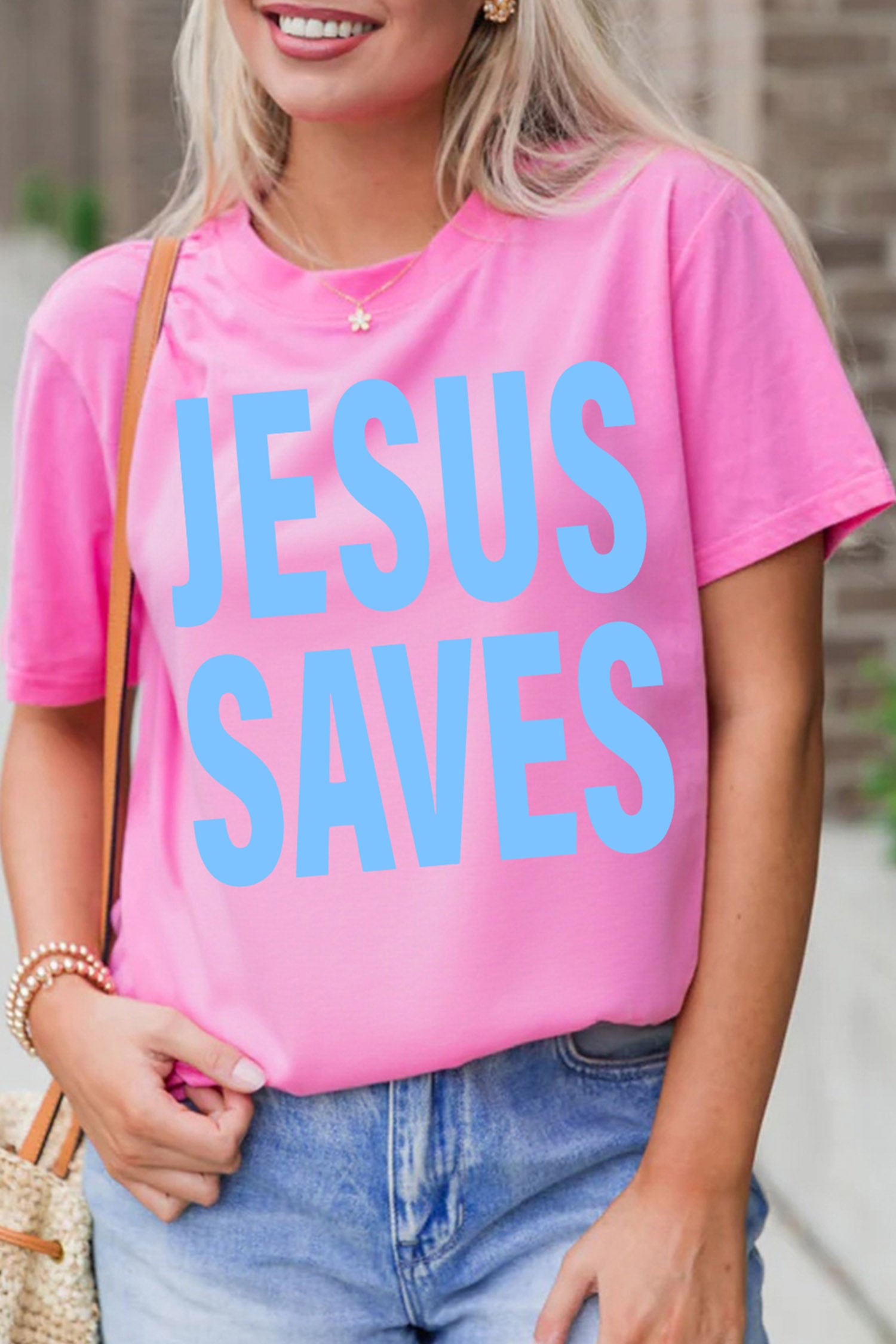 Sachet Pink JESUS SAVES Heat Transferring Print Graphic T Shirt