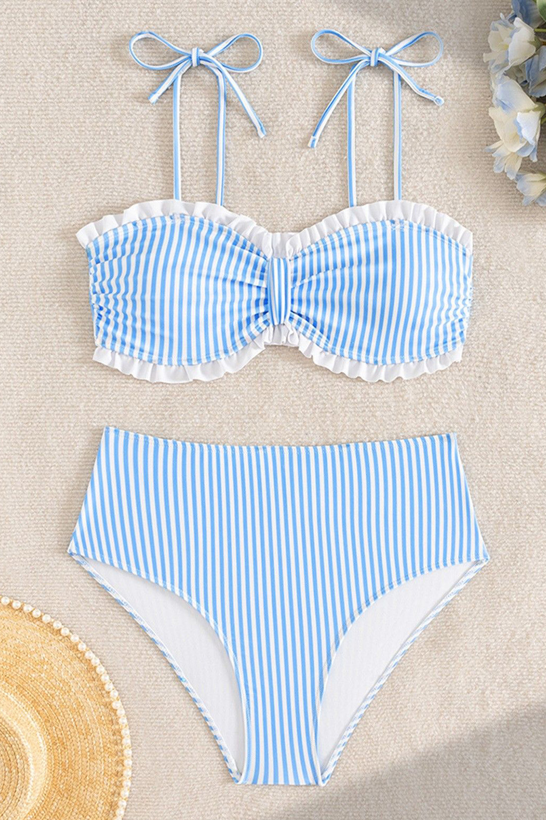 Sky Blue Stripe Tie Straps Colorblock Ruffle Trim Sexy 2pcs Bikinis