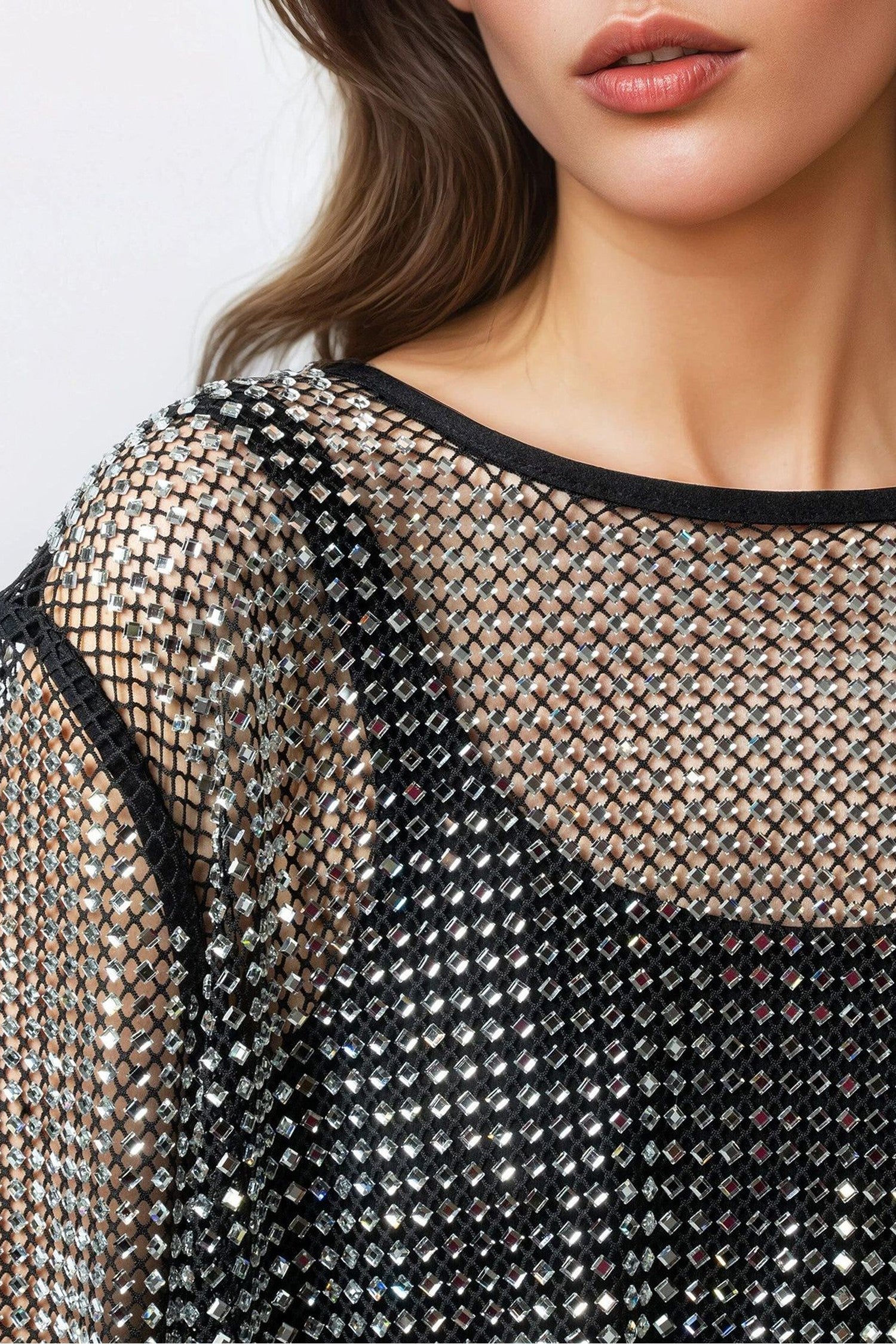 Color black Rhinestone Mesh Round Neck Raw Hem T Shirt