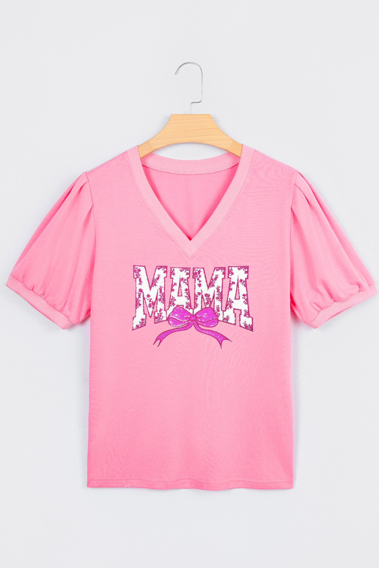 Bonbon Floral MAMA Lettering Sequin Bow V Neck Top