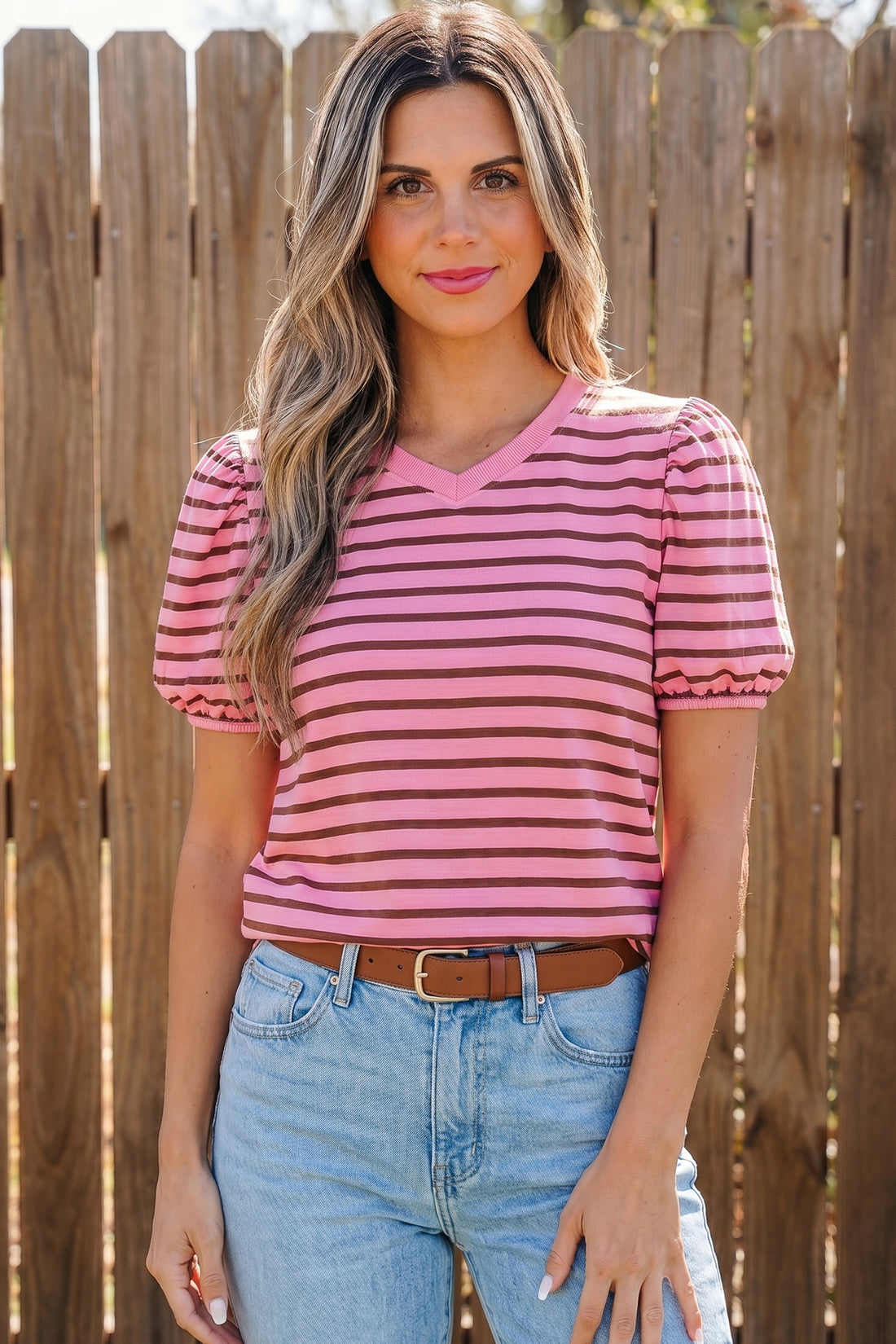 Rose Stripe Striped V-Neck Ribbed Collar Cuff Gathering Puff Sleeve Top
