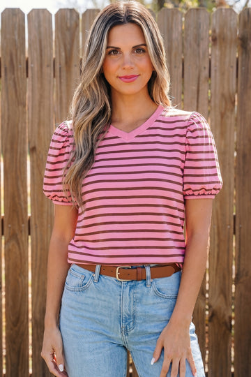 Rose Stripe Striped V-Neck Ribbed Collar Cuff Gathering Puff Sleeve Top