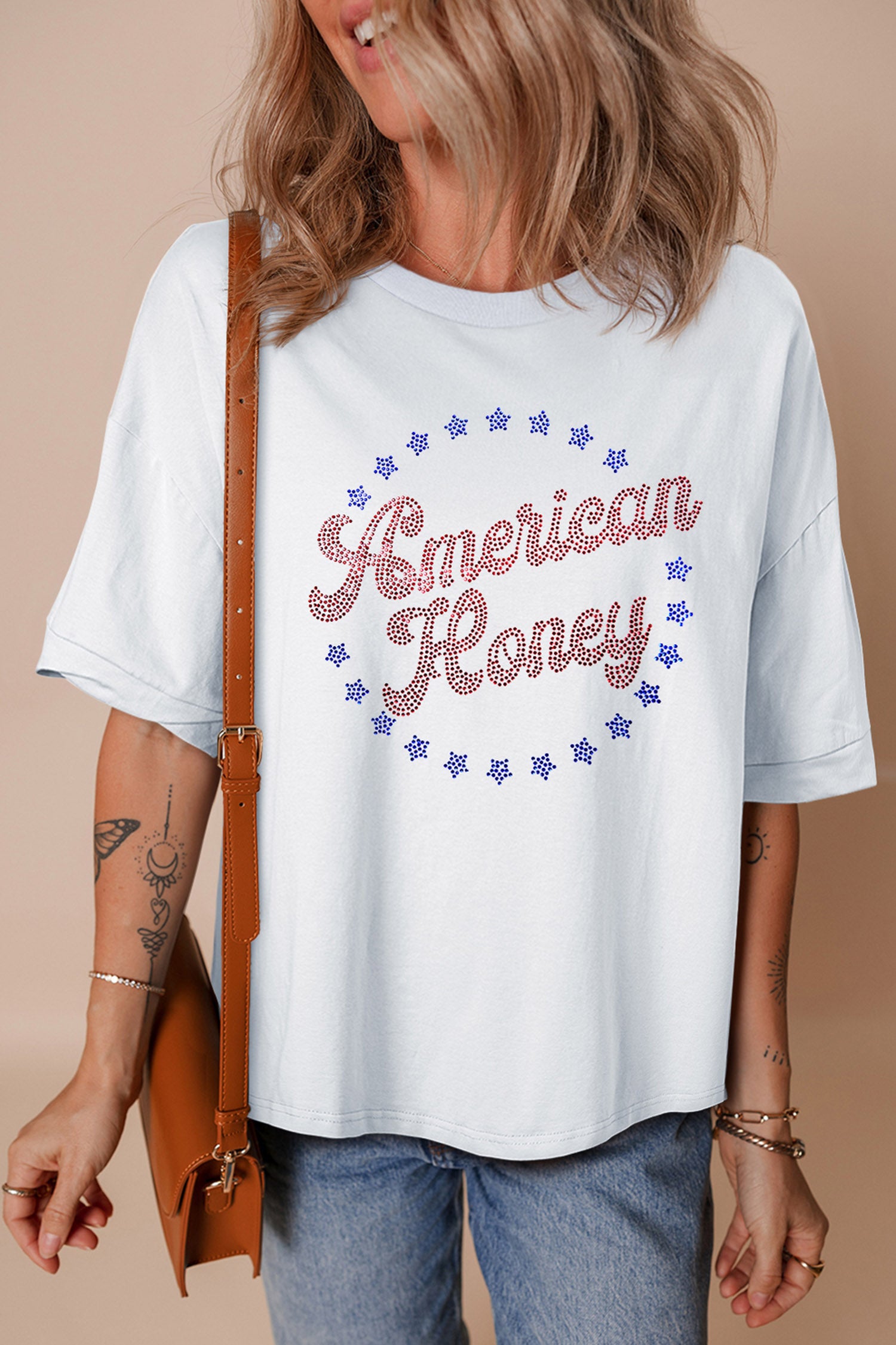 White Patriotic American Honey Rhinestone Graphic T-Shirt