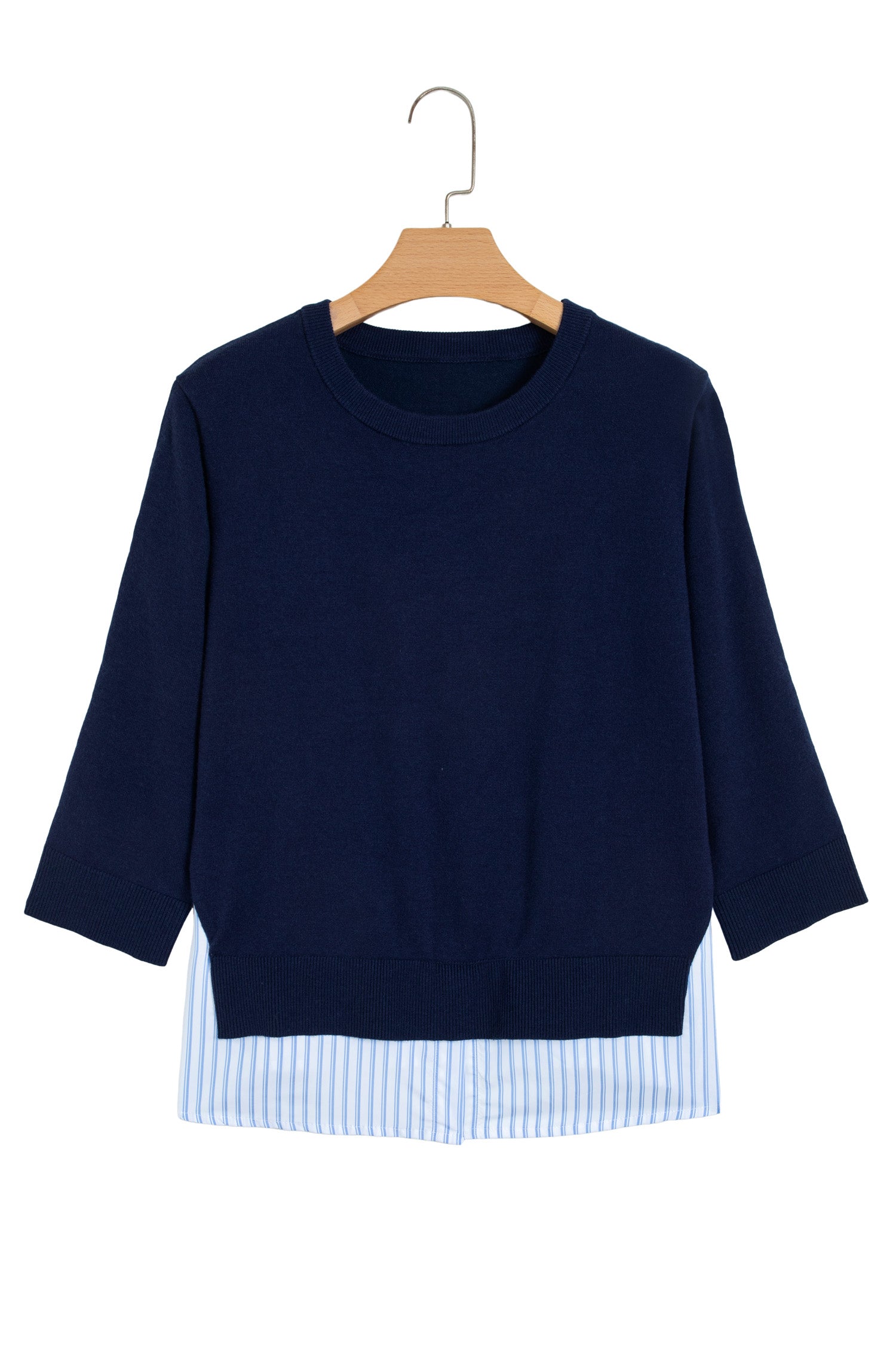 Navy Blue Drop Shoulder Long Sleeve Striped Pullover Sweater